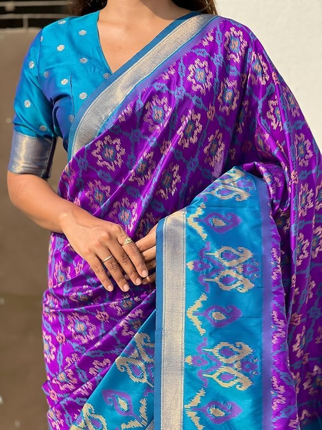 Women's Kanjivaram Patola Soft Pure Silk Sarees With Unstitched Blouse Piece
