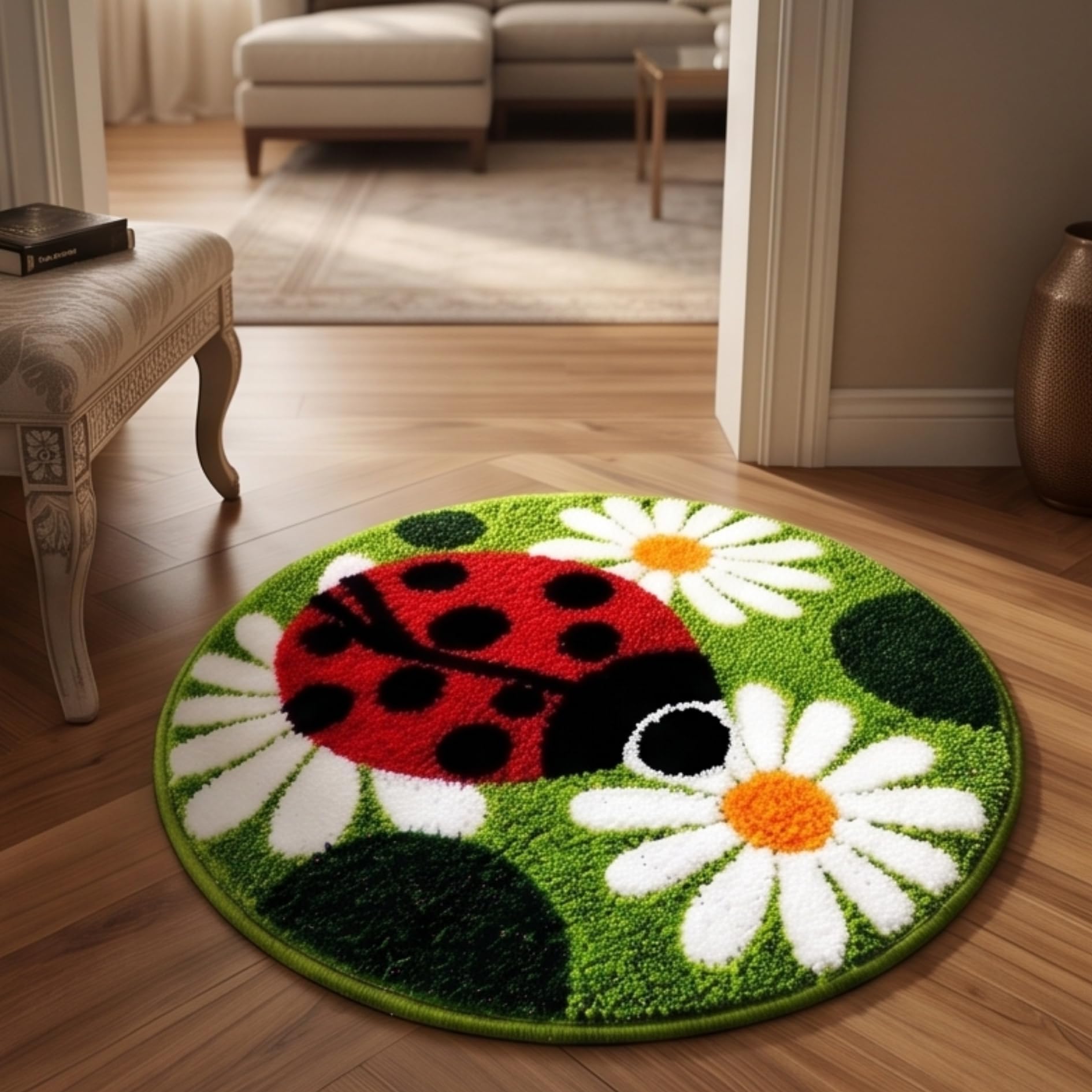 Cotton Round Door Mat Ladybird and Daisy Design | Round Shape, Floral Pattern-image-28
