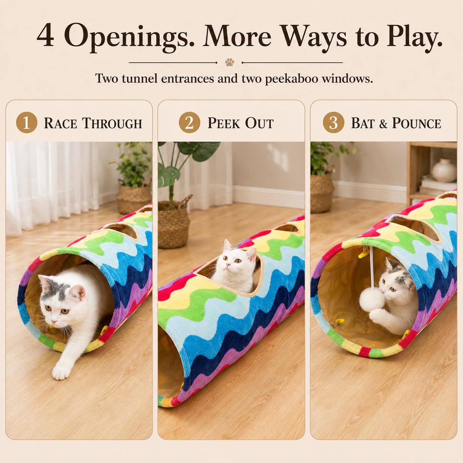 Tubo de túnel plegable con bolas de felpa, para mascotas pequeñas, conejos, gatitos, hurones, cachorros y perros, color arcoíris