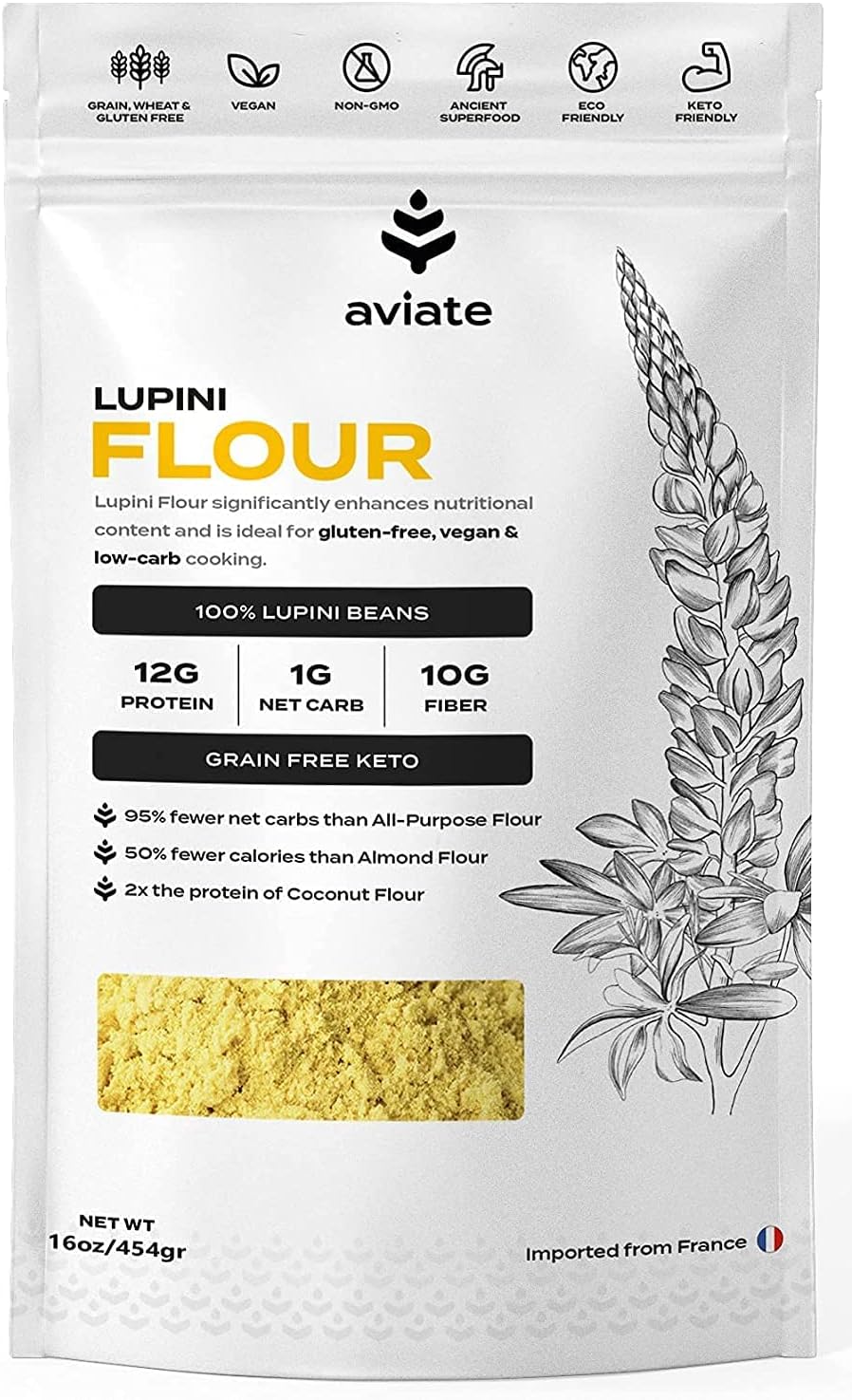 Lupini FLOUR - Keto & Vegan Friendly Superfood - Non-GMO - Gluten Free - Lupin Flour Keto - High Protein, Low Calorie & Low Carb - Rich in Dietary Fiber and Minerals - 100% Lupin Beans - 16 Ounces (Pack of 1)