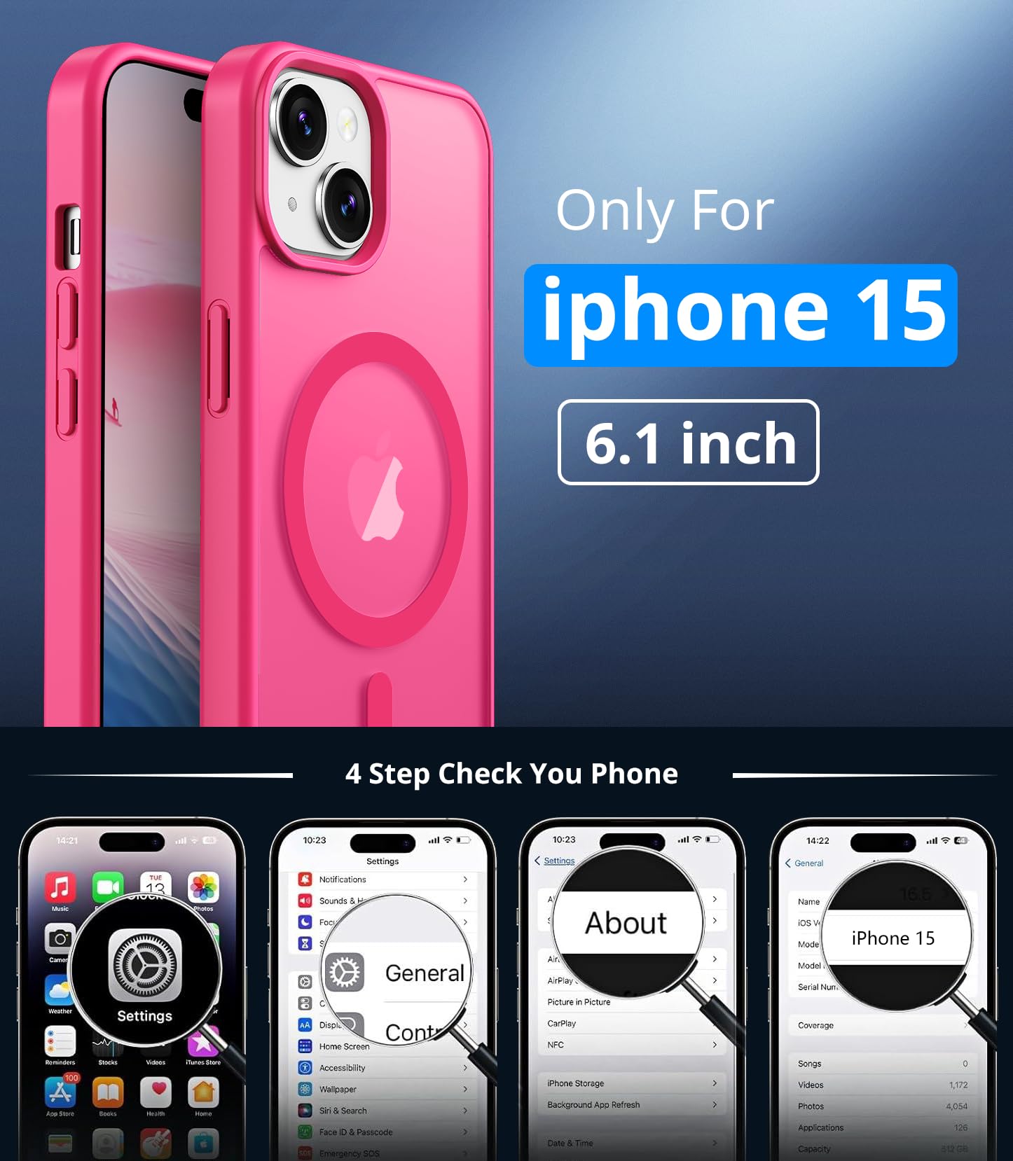 Vansdon Cover Magnetica per iPhone 15 con 1 Pezzi Vetro Temperato, Compatibile con Magsafe, Protezione anticaduta di livello militare, Custodia Traslucida Opaca Sottile Antiurto-Rosa shocking