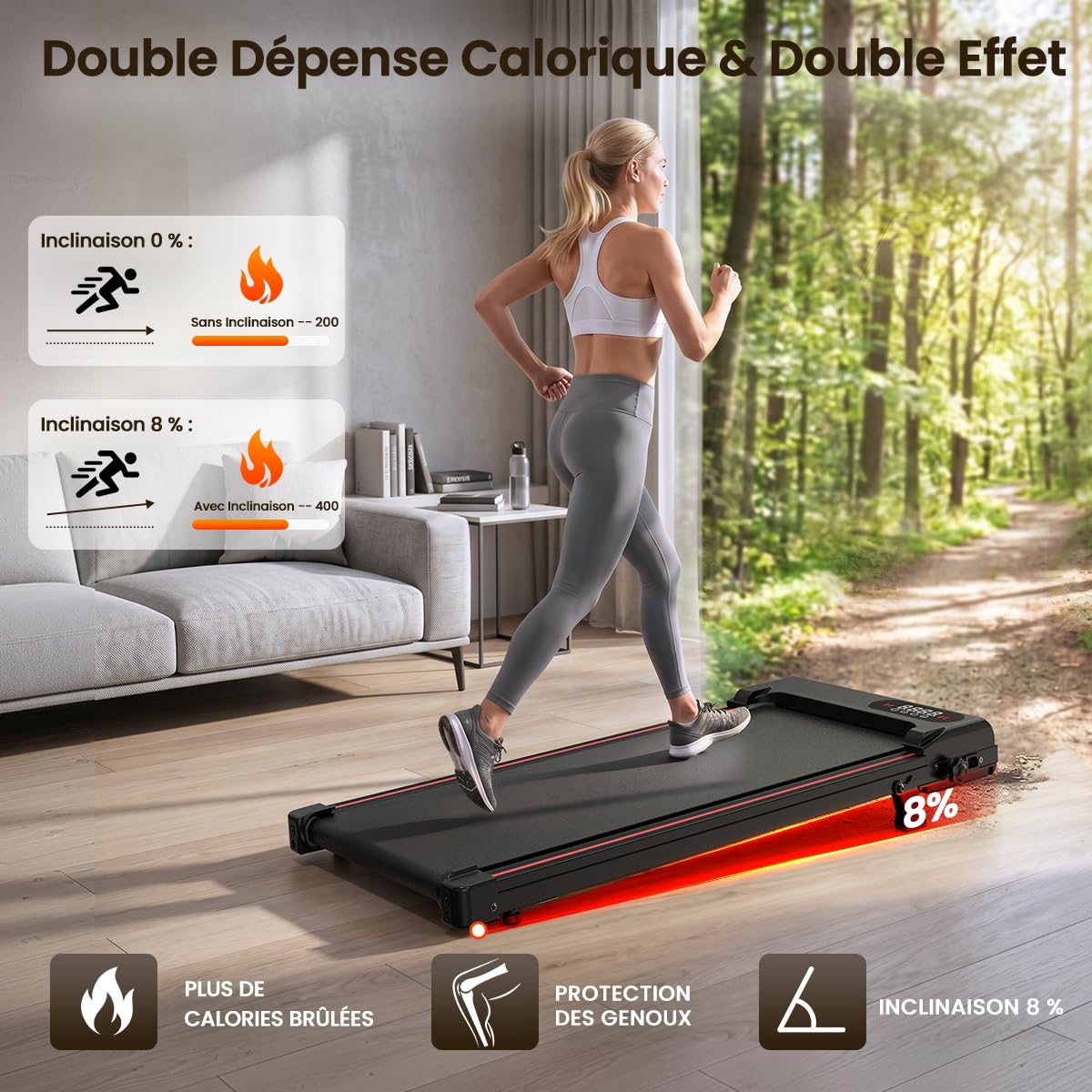 Tapis de Course Pliable & Marche 3 en 1 avec Pente 7% – Tapis Roulant sous Bureau Silencieux (Moteur 2,5CV, 1-8 km/h) – Charge 130kg, Système Anti-Choc – pour Maison & Appartement