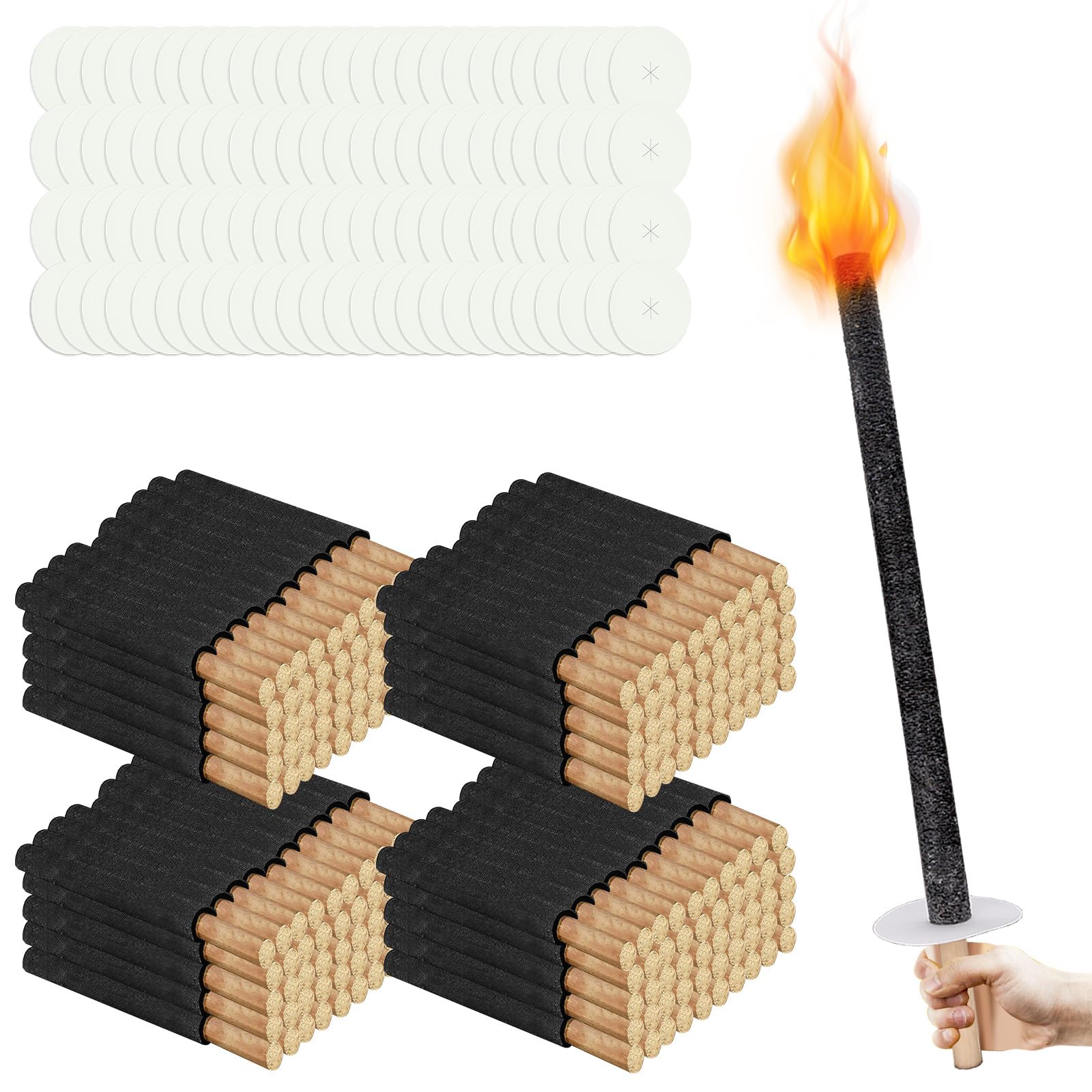 Lospitch 200 torce per esterni, tempo di combustione 45 minuti, cera naturale per bambini, torce di cera di alta qualità, con protezione per le mani, ideali per esterni, esterni, giardino