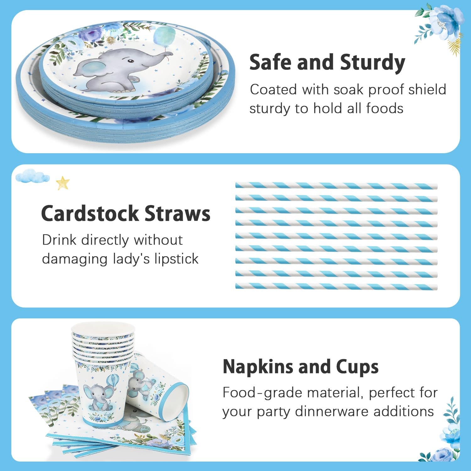 Piatti Carta Decorazioni Nascita Bambino per 25 Ospiti, 125pcs Piatti Battesimo Bimbo Tazza, Tovaglioli, Cannucce - Stoviglie Decorazioni Battesimo Bimbo per Baby Shower Boy