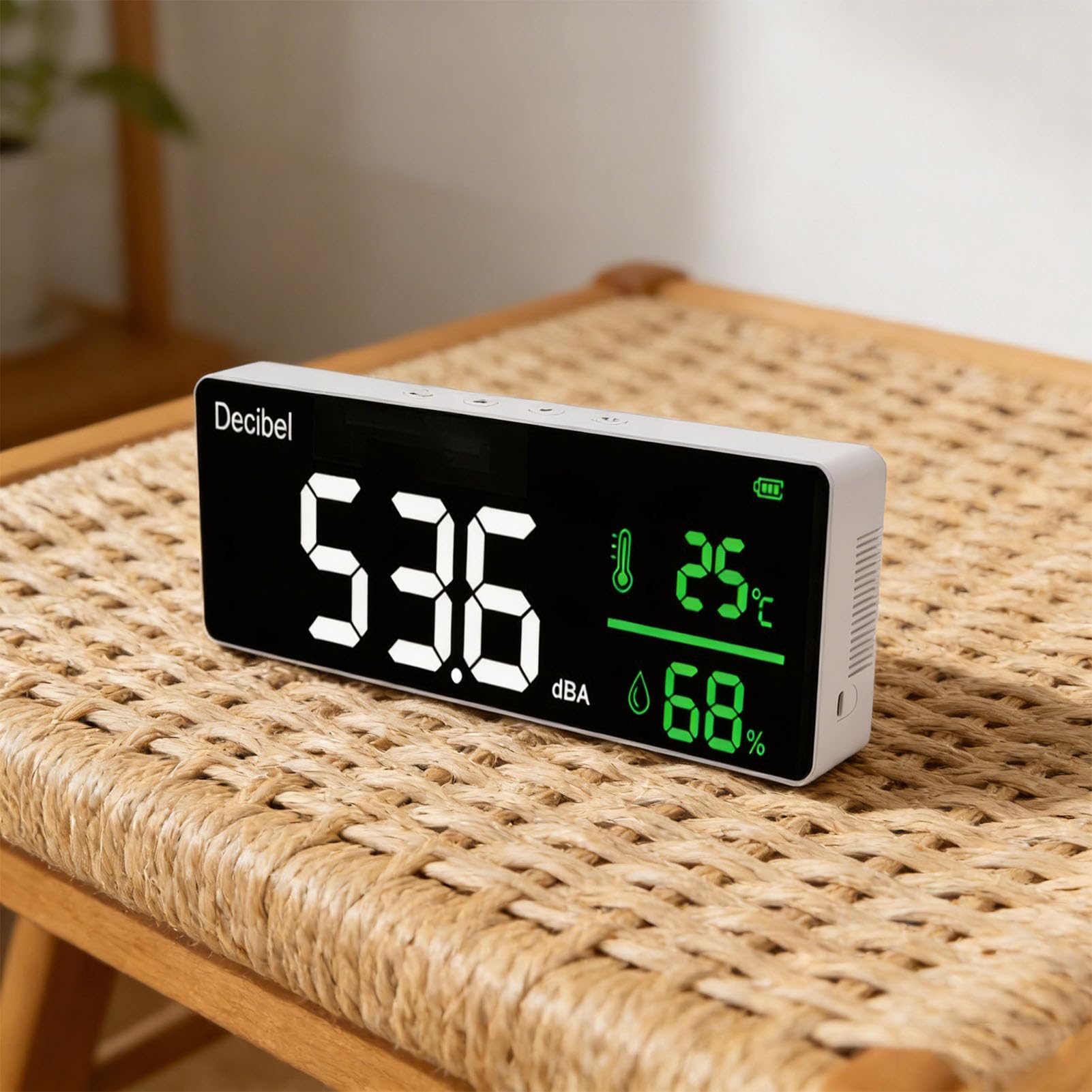 Medidor de Nivel de Sonido, Medidor de Decibelios con Pantalla LED de 11 Pulgadas con Pantalla de Tiempo de Humedad y Temperatura, DB para Fábrica de Aulas de Estudio