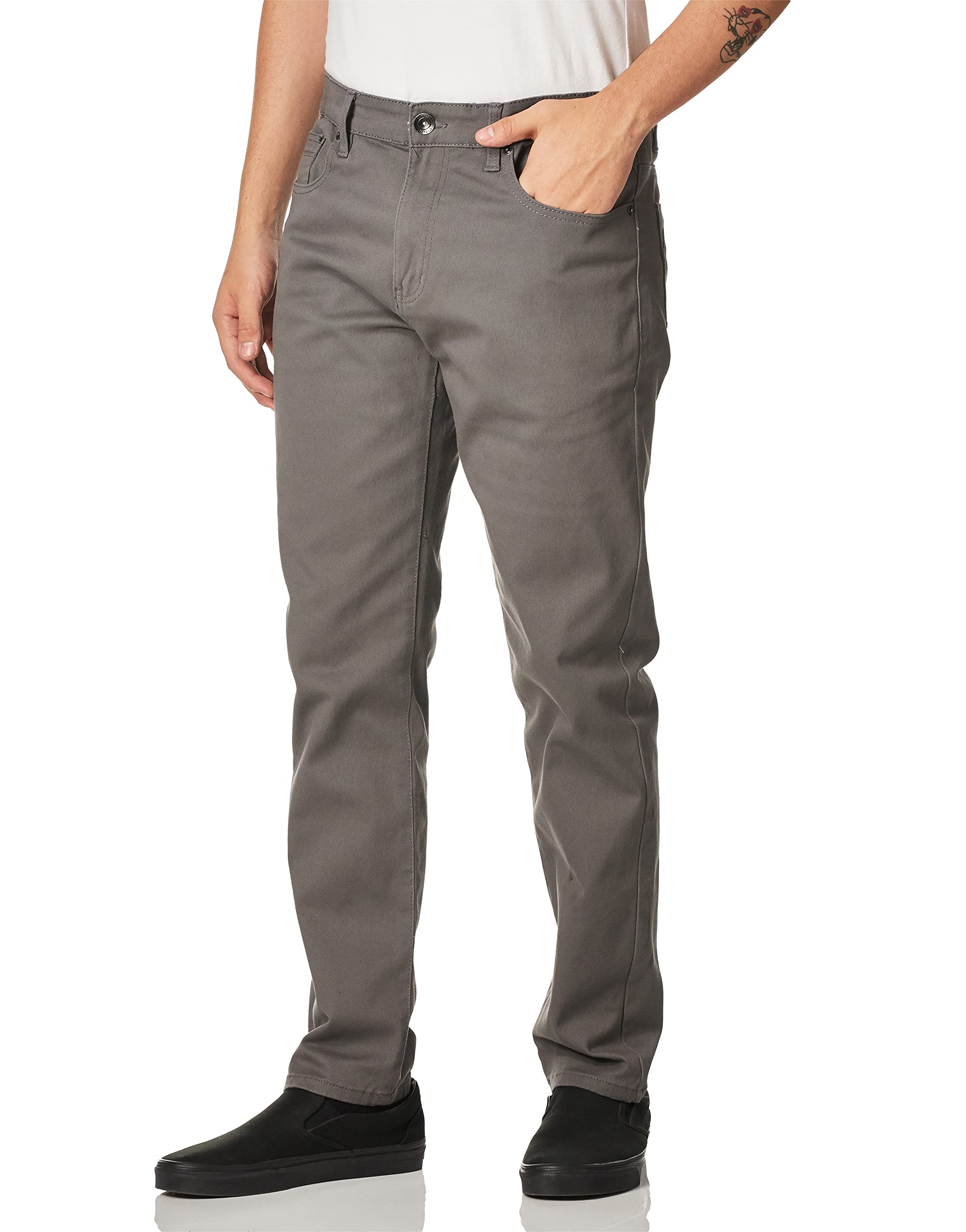 WT02 Men's Basic Color Twill Stretchable Skinny Pants, Dark Grey, 38W x 32L