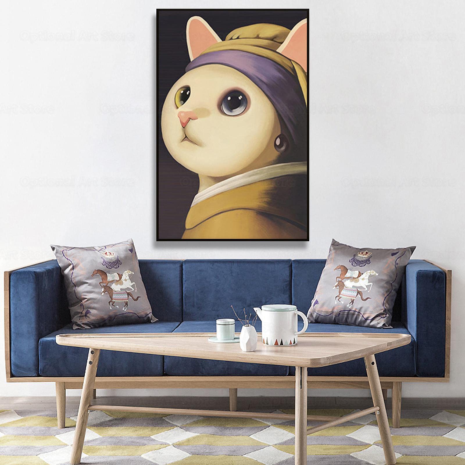 Quadro Su Tela Con Gatto Nero E Ragazza Con L'Orecchino Di Perla - Stampa Artistica 40x60 Cm - Senza Cornice