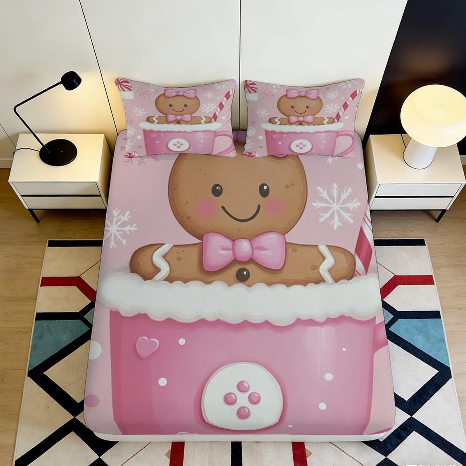 3D Printed Gingerbread Mug Fitted Sheet Microfiber Pink Christmas Candy Mattress Cover for Bedroom Guestroom Decor 90x200x25cm