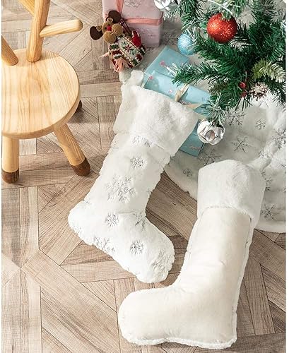 Miniatura 53 de 2 Pack Snowy White Christmas Stockings with Faux Fur, Plush 22 inches Xmas Stocking with Gold Embroidered Snowflake Hanging Ornaments for Home Xmas