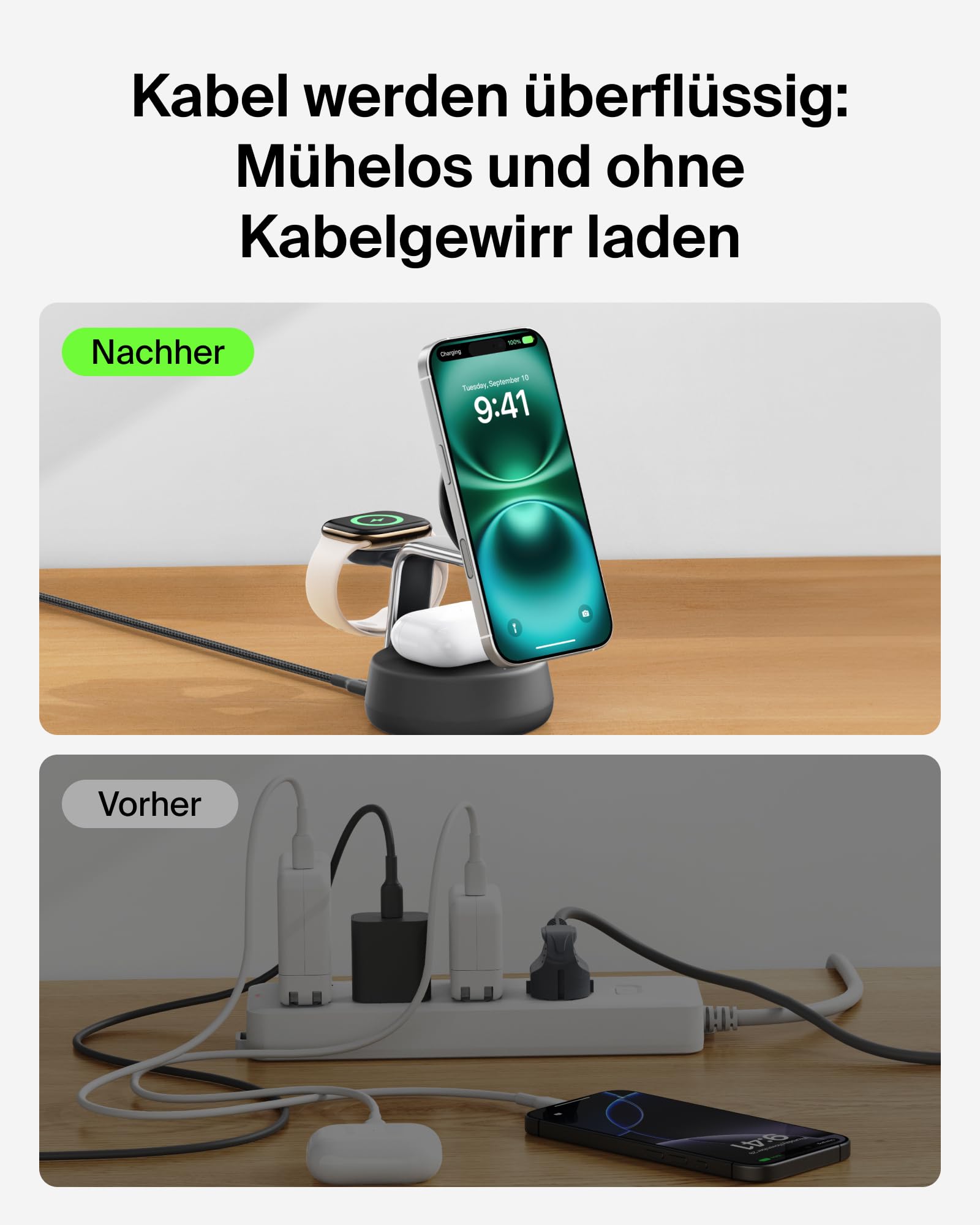 Belkin UltraCharge Pro Qi2.2 Induktive Ladestation, 25W, 3 in 1 Ladegerät MagSafe Kompatibel, Wireless Charger für iPhone 17, Air, Apple Watch, AirPods, Pixelsnap mit Lüfter, 45-W-Adapter – Schwarz