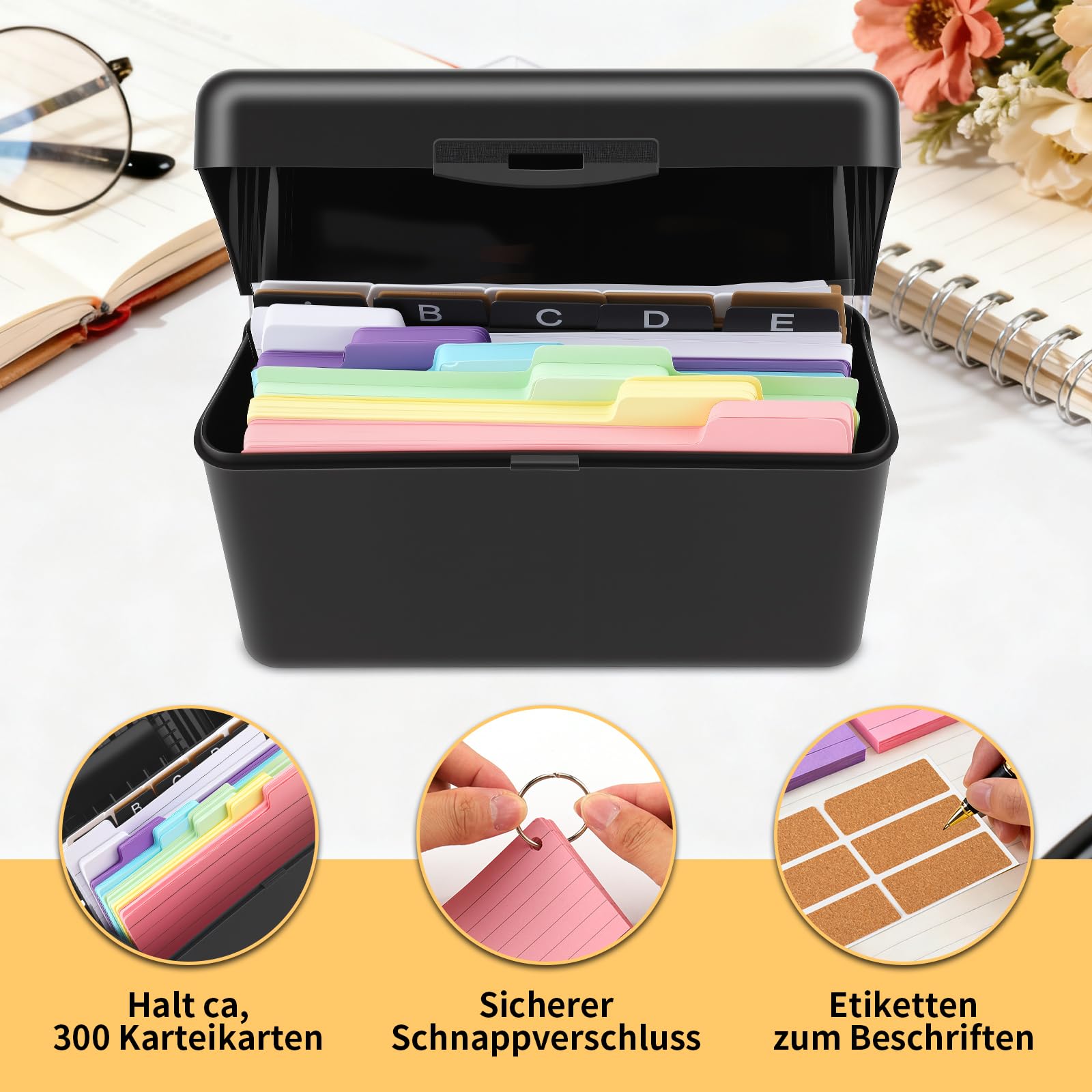 Kit Boîtes à Fiches Noir 230 Fiches Lignées Colorées 15 Registres 6 Anneaux