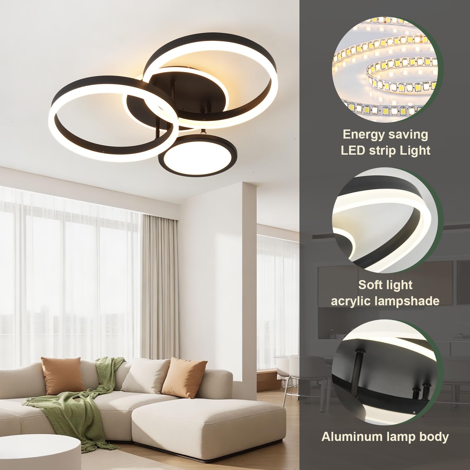 LED Deckenlampe Wohnzimmer 45W Dimmbar Deckenleuchte Schlafzimmer | 54CM 3771LM Moderne Fernbedienung Dimmbar Nachtlicht Memory-Funktion für Esszimmer Küche Schwarz 4-Ringe Design 3000-6500K