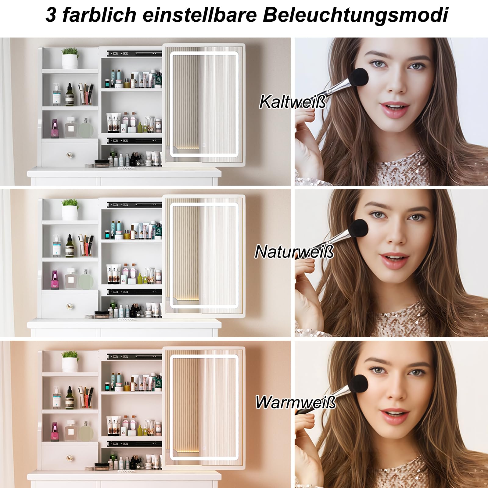 YuYe - Tavolo da toeletta con illuminazione LED, specchio con luminosità regolabile, tavolo da toeletta con sgabello, tavolo da trucco con 5 cassetti e 3 ripiani, moderno tavolo da trucco in legno