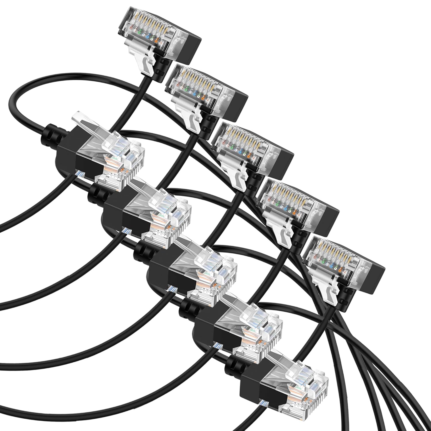 Cat6A Ethernet Cable 90 Degree Up Angled 6.6FT 5 Pack, Flexible Slim & Ultra Thin Cat6 Rj45 Ethernet Patch LAN Cord up to High Speed 10Gbps 550MHz for PC, Router, Printer, Modem (Black)
