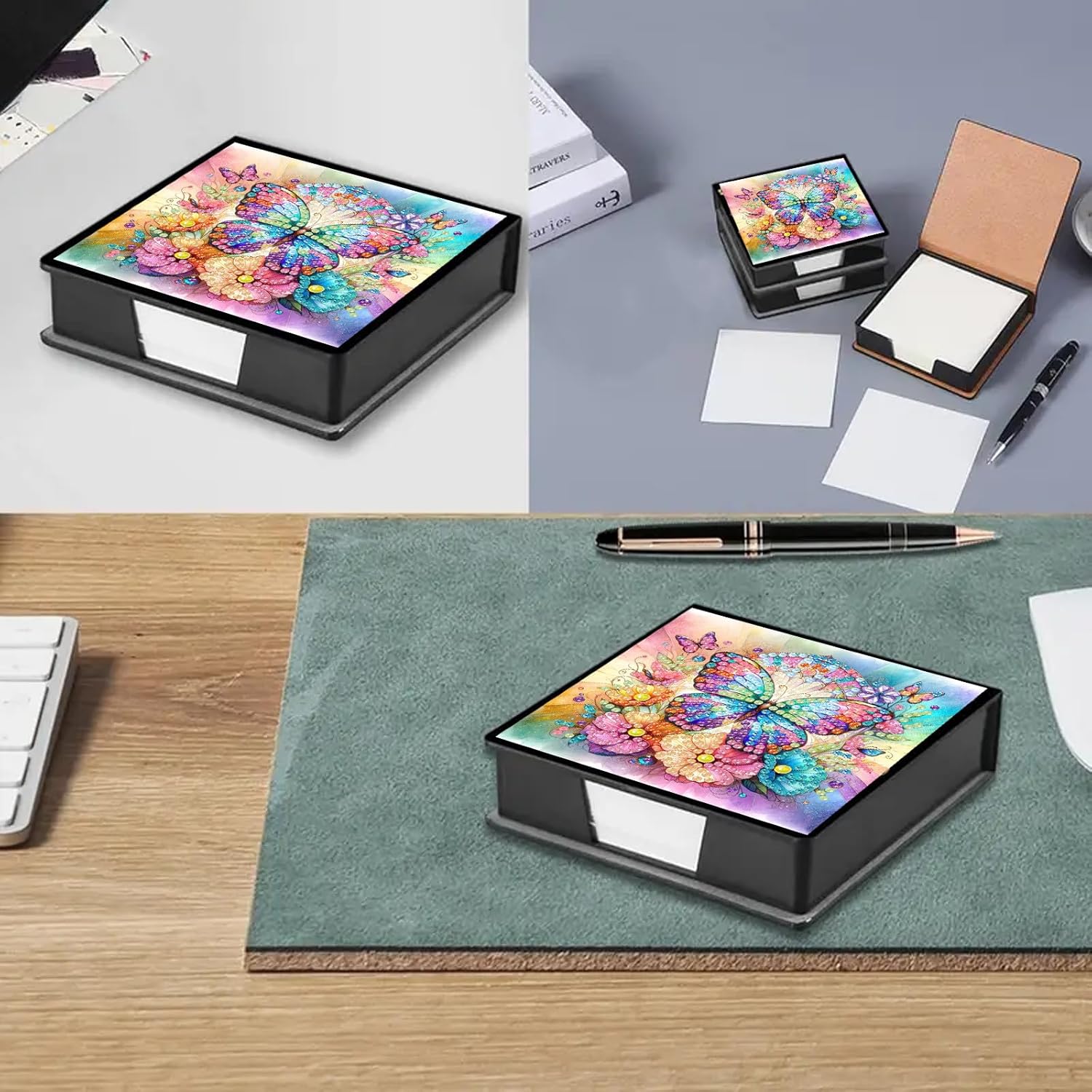 Note Storage Box, Diamond Art Painting Leather Message Paper Storage Note Box with 160 Sticky Notes Reusable Sticky Note Holder, for Work Desk Organization-2PCS-4