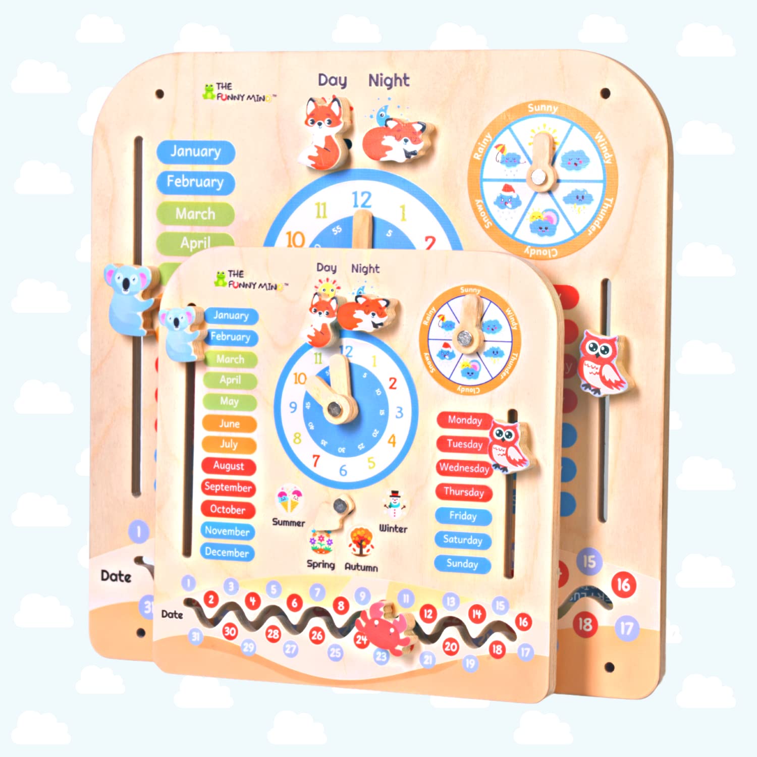 The Funny Mind Birch Wooden Activity Teaching Clock and Calendar for Kids 7 in 1 Learning Toy for Dates, Days, Months, Weather, and Time Recognition with Cute Animal Shaped and Moveable Hands Clock - Image 6 thumbnail