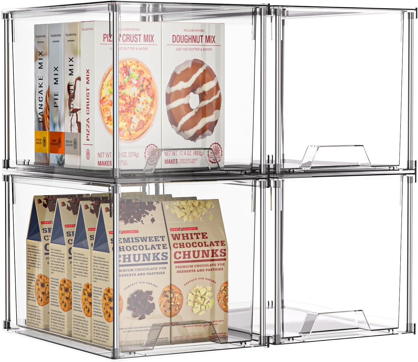 4 Pack Large Pantry Organizers and Storage Drawers, Kitchen Stackable Acrylic Foods Organizer Bins, Drawer Organizers for Bathroom, Makeup, Kitchen Cabinets, Babies Bottles, Medicine Organization 4 Pack Large Pantry Organizers and Storage Drawers, Kitchen Stackable Acrylic Foods Organizer Bins, Drawer Organizers for Bathroom, Makeup, Kitchen Cabinets, Babies Bottles, Medicine Organization