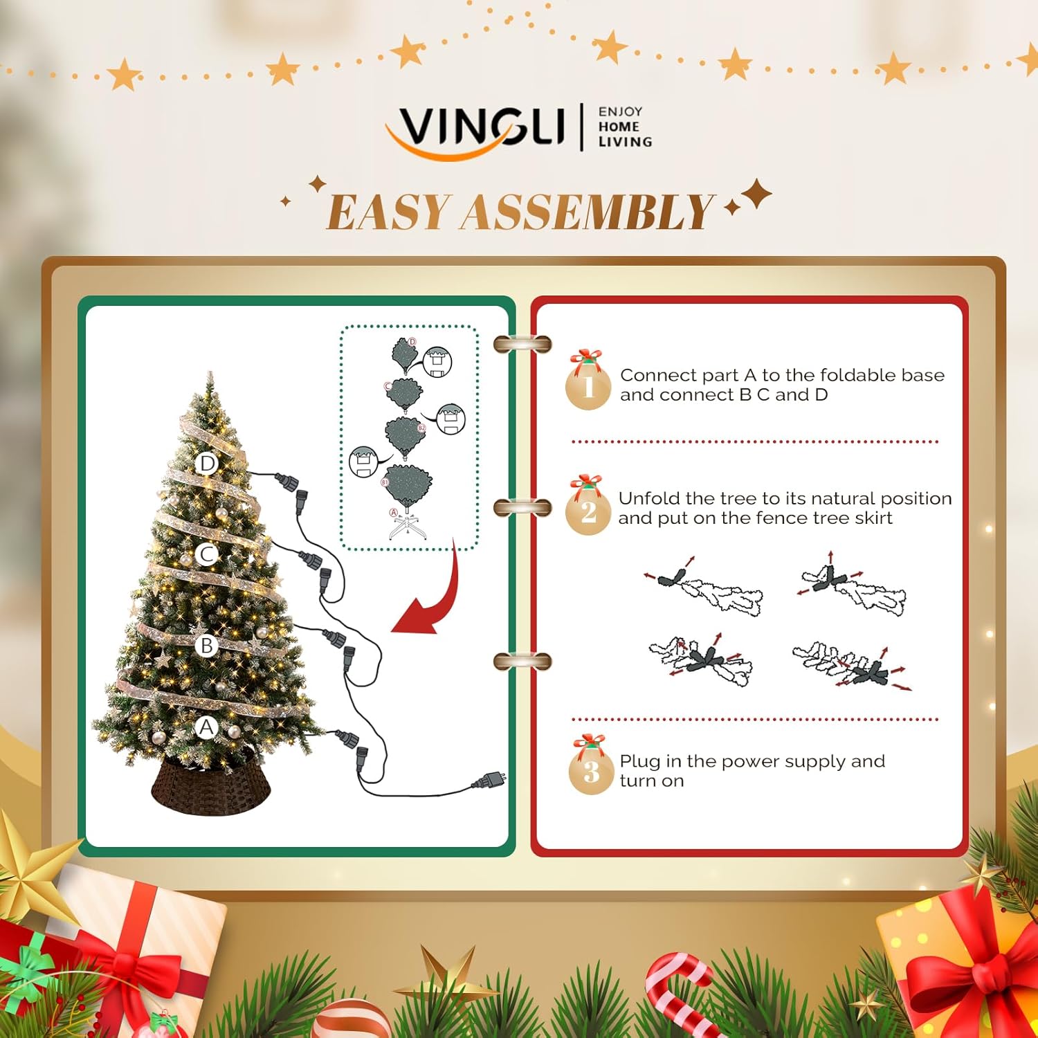 VINGLI 7.5ft Pre Lit Christmas Tree w/350 Lights, Picket Fence Christmas Tree Skirt, 1223 Tips, Ribbon Silver Ornaments, Full Realistic Artificial Christmas Tree, Perfect for Holiday, Party Decor, PVC