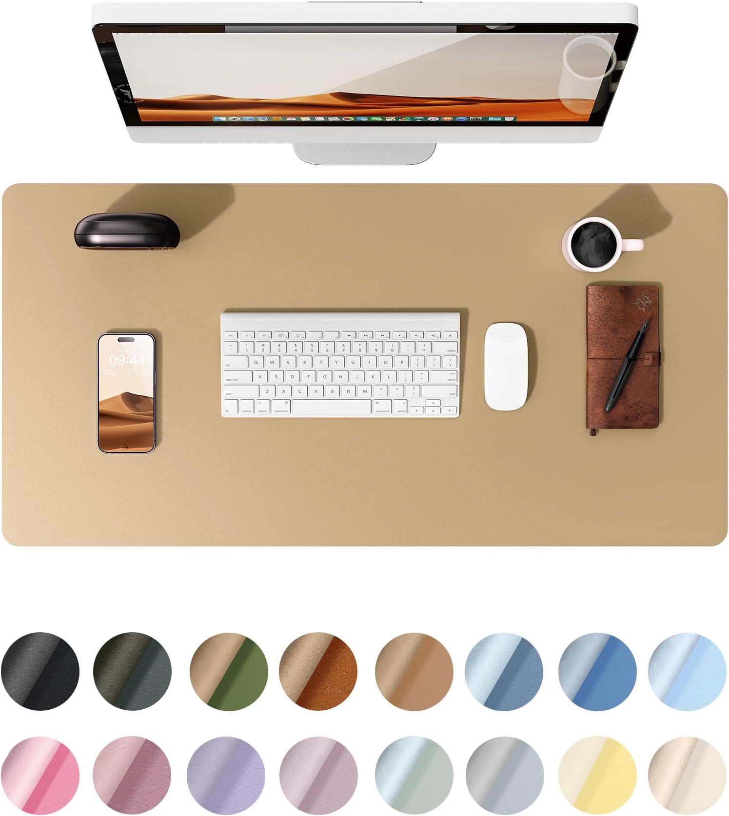 YSAGi Leather Desk Protector, Office Mat, Large Mouse Mat, Non-Slip PU Leather Blotter, Laptop Desk, Waterproof Writing Pad for Office and Home (Latte, 35.4" x 17")