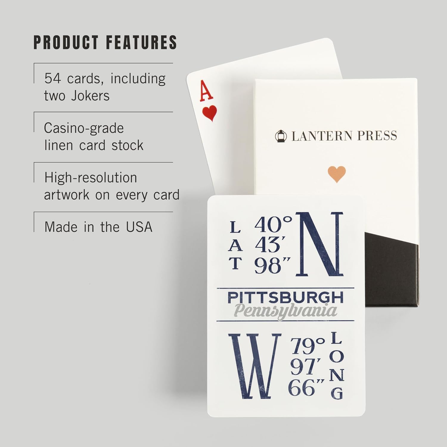 Lantern Press Pittsburgh, Pennsylvania, Latitude and Longitude (Blue), 52 Playing Cards for Adults, Poker Size Card Deck