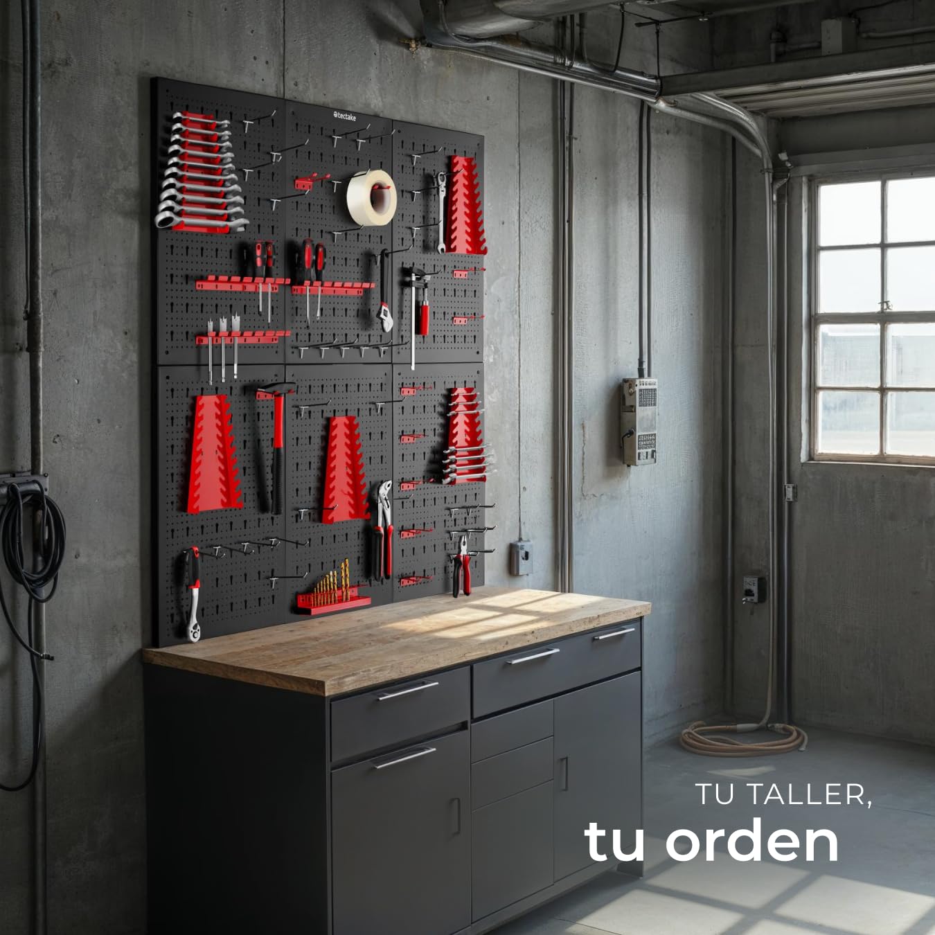 tectake® Organizador de Herramientas de Pared, Panel Perforado, Estantería de Taller con Ganchos, Banco de Herramientas, Herramientas Bricolaje, Tablero Perforado - 6 Tableros