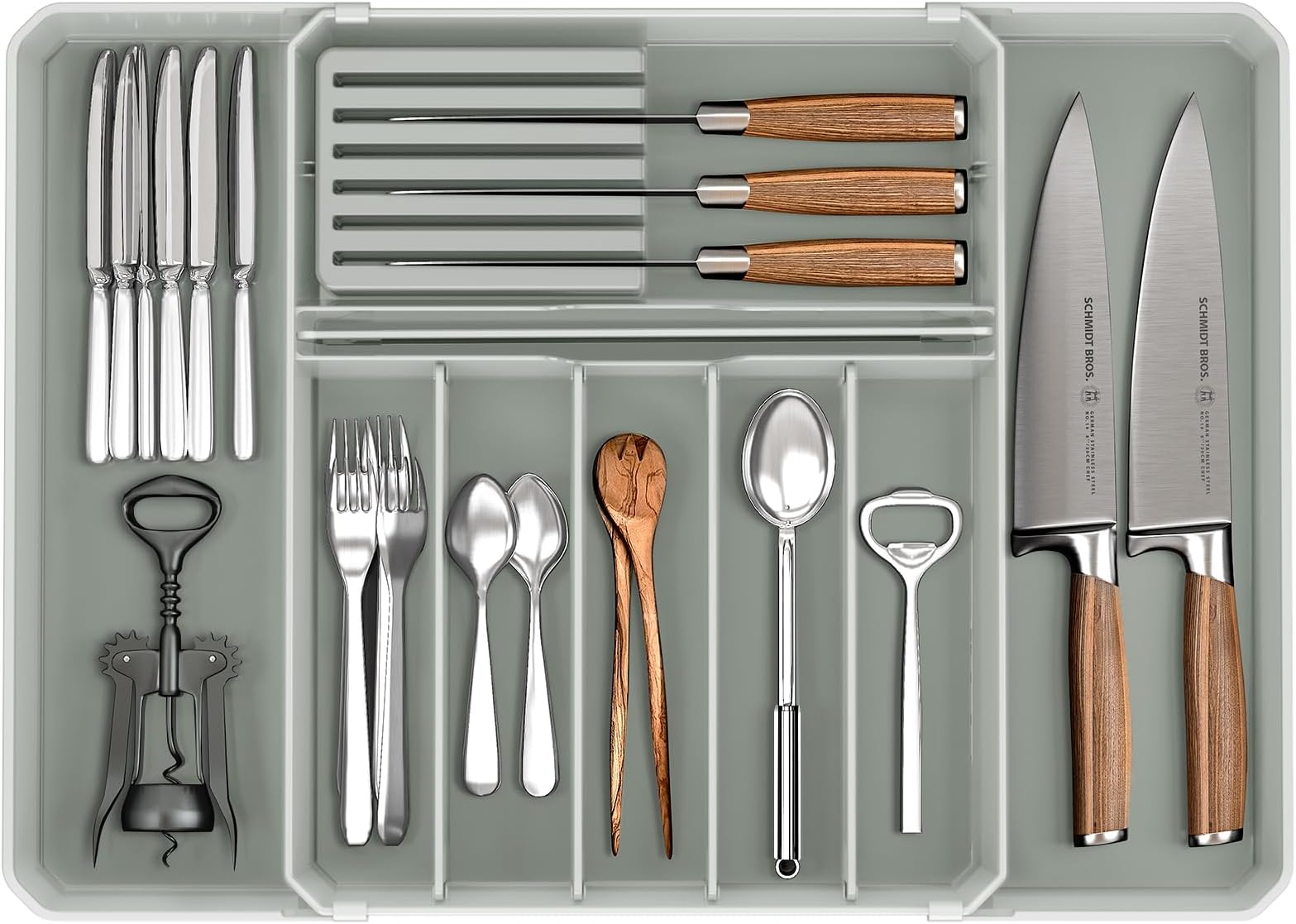 Silverware Drawer Organizer, Expandable Kitchen Utensil Organizer, Larger Capacity Flatware and Cutlery Tray, Multi-Purpose Drawer Storage for Kitchen, Dressing Table, Office, Bathroom, (Grey)