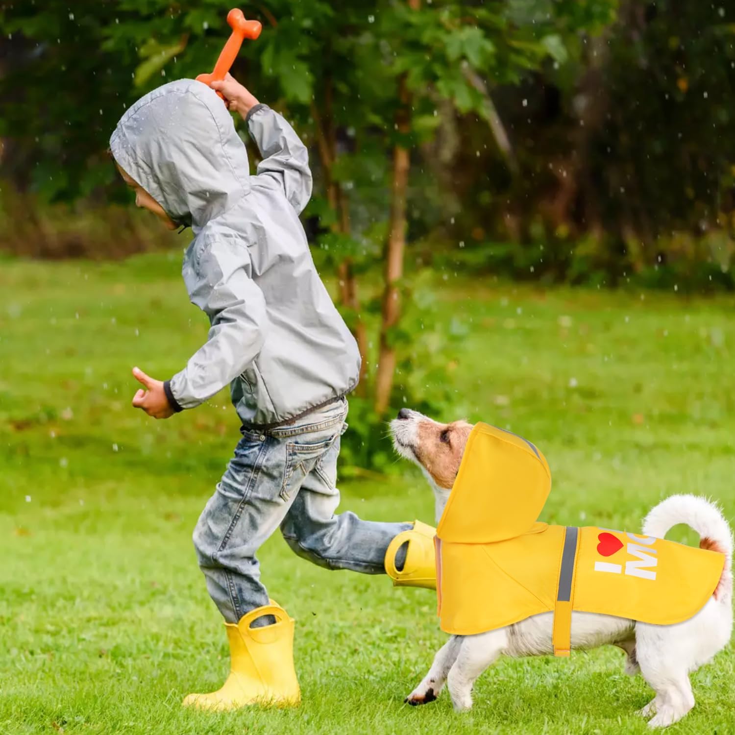 GreenJoy Cute Print Dog Raincoat - Waterproof Rain Jacket with Reflective Strips, Leash Hole, Adjustable for Small to XX-Large Dogs (Yellow, I Love My Mom)