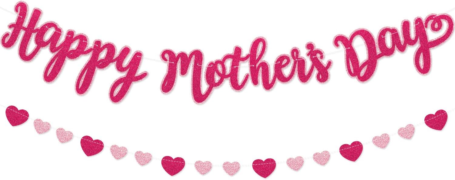 Levfla Happy Mother's Day Glitter Banner Rose Pink Heart Garland For Mother's Day Decorations Mother's Birthday Party Supplies Best Mom Ever Photo Props Backdrops