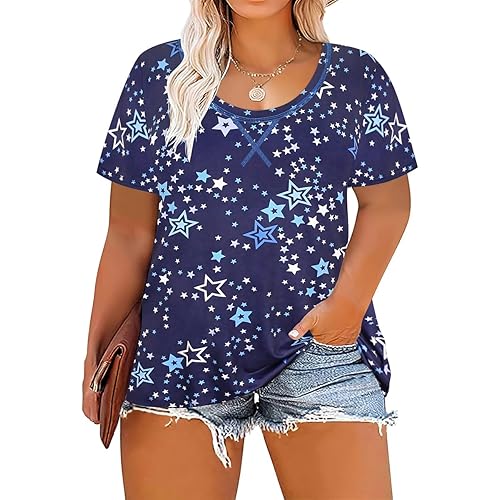 CARCOS Plus Size Tops for Women Short Sleeve Shirt Summer Star/Leopard/Tie Dye/Flower Crewneck Pullover Tunic XL-5XL