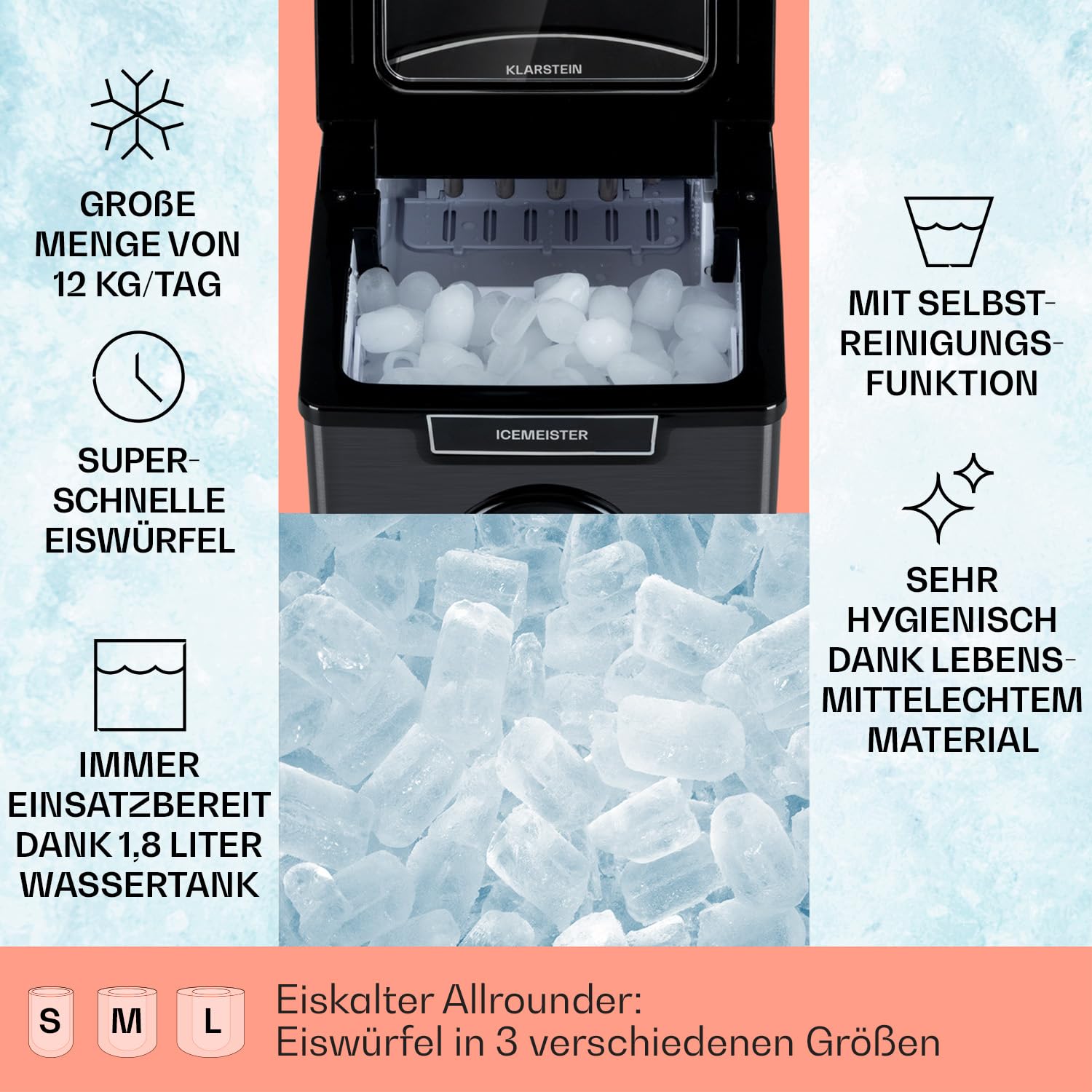 KLARSTEIN Icemeister 2G Eiswürfelmaschine, 12 kg/24 h, Produktion in 6-10 Minuten, 3 Eiswürfelgrößen, 1,8 l Wassertank, LCD-Display, Eiswürfelmaschine, Edelstahl, Dunkelgrau