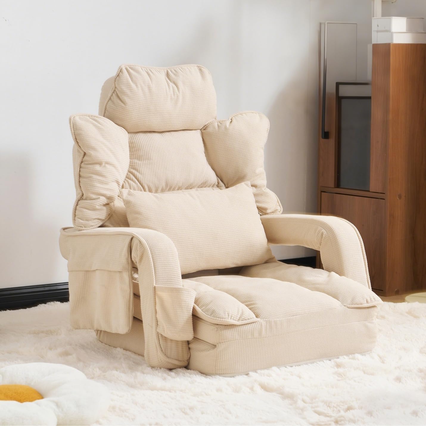 Sitting Chair, Sofa Bed, Storage Pocket, Drink Holder Pocket, Recliner Seat, Pillow Included, Foldable, Chair Sofa, 2-Way Adjustable, Waffle Weave, Relaxing Chair, Recliner Chair, 1 Seat, Maximum