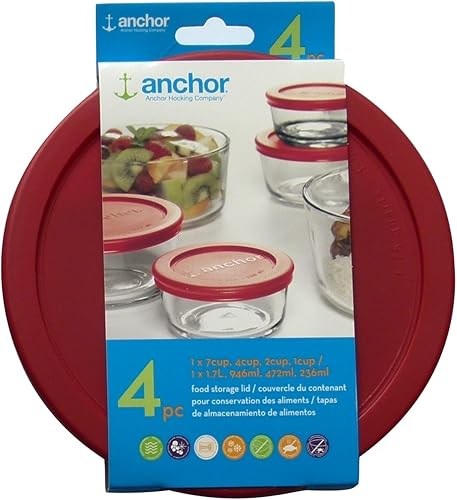 Anchor Hocking Tapas de repuesto 1 x 7 tazas, 1 x 4 tazas, 1 x 2 tazas, 1 x 1 taza, tapa redonda roja