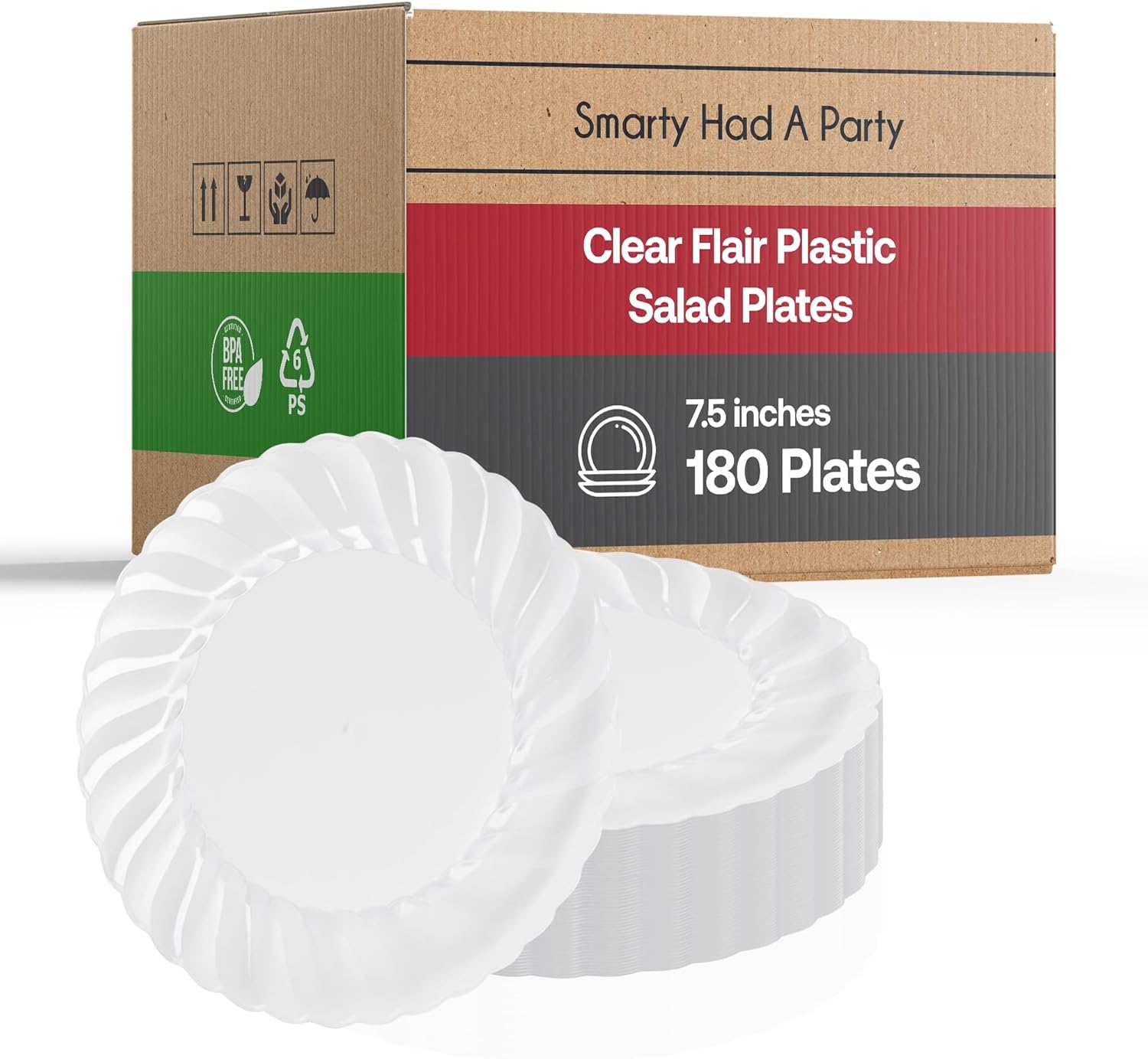 Disposable Plastic Dessert Plates 180 Pcs - 7.5" Heavy Duty Flared Clear Salad Plates - Appetizer Cake Plates - Bulk Party Supplies For All Occasions