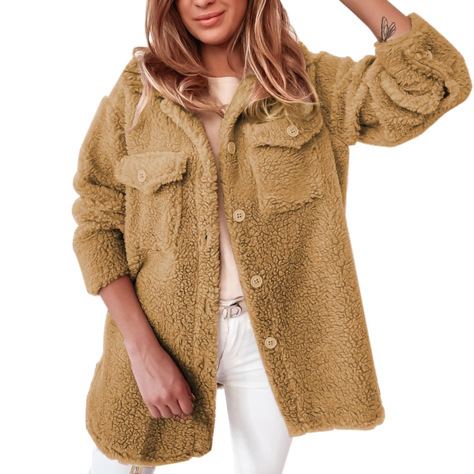 Veste en peluche à bulles longue texturée couleur kaki M - 7