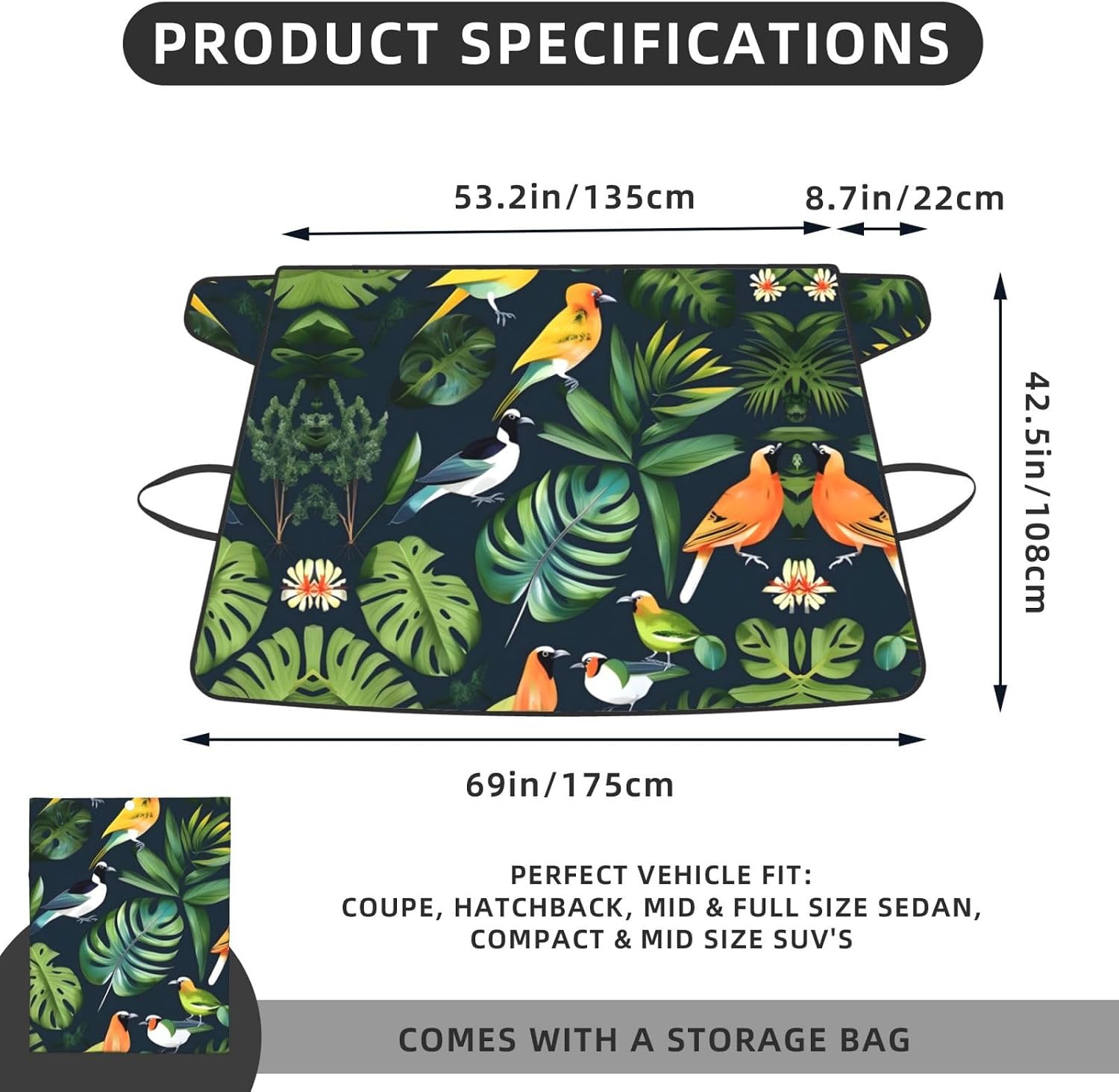 Tropical Birds Plant Leaf Print Car Cover for Snow All-Season Windshield Cover with Elastic Strap Fits Most Cars and Trucks