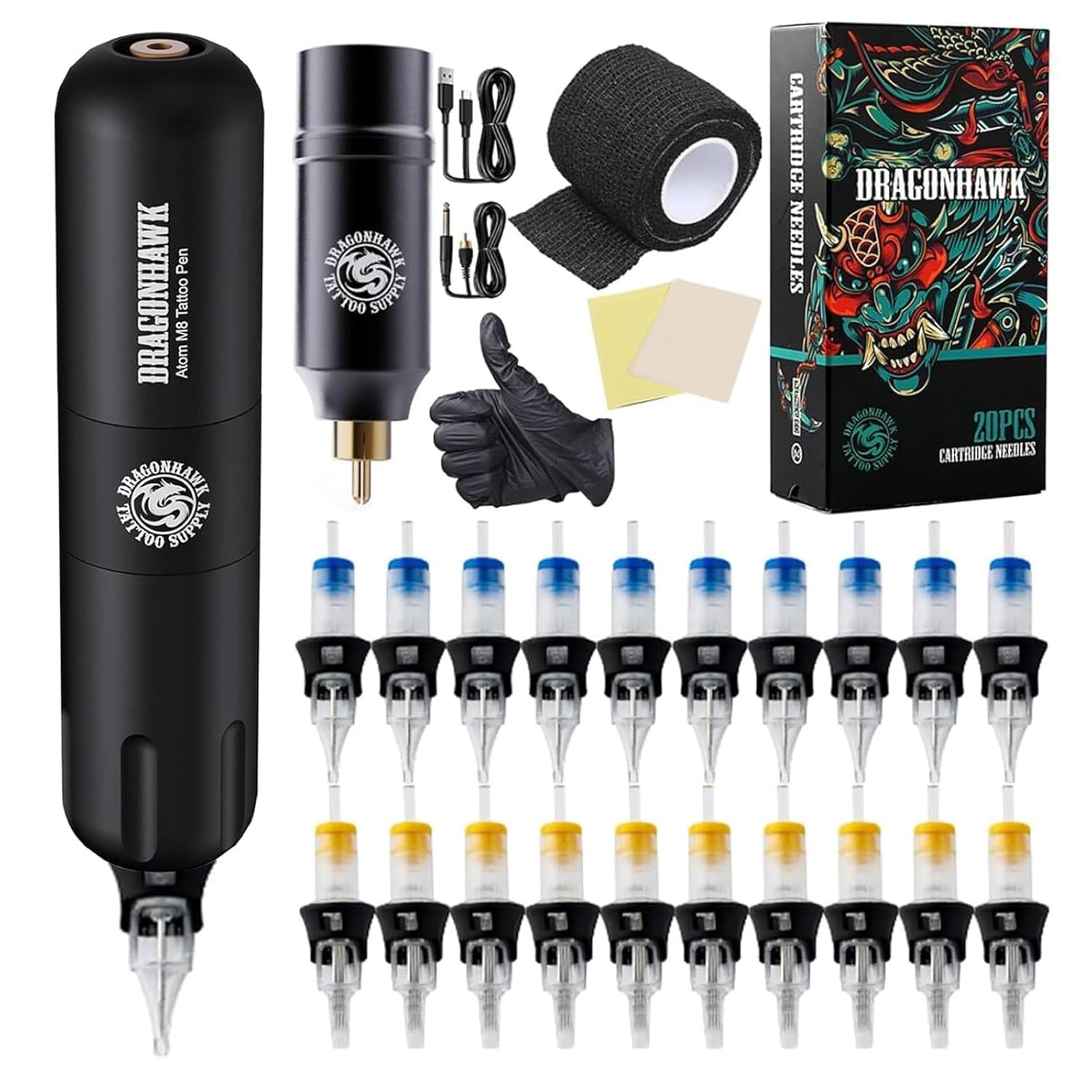 Dragonhawk Tattoo Machine Set Wireless Rotary Tattoo Pen Machine Motor Gun Wireless Battery Power Supply with RCA Jack Tattoo Cartridges Needles for Tattoo Beginners