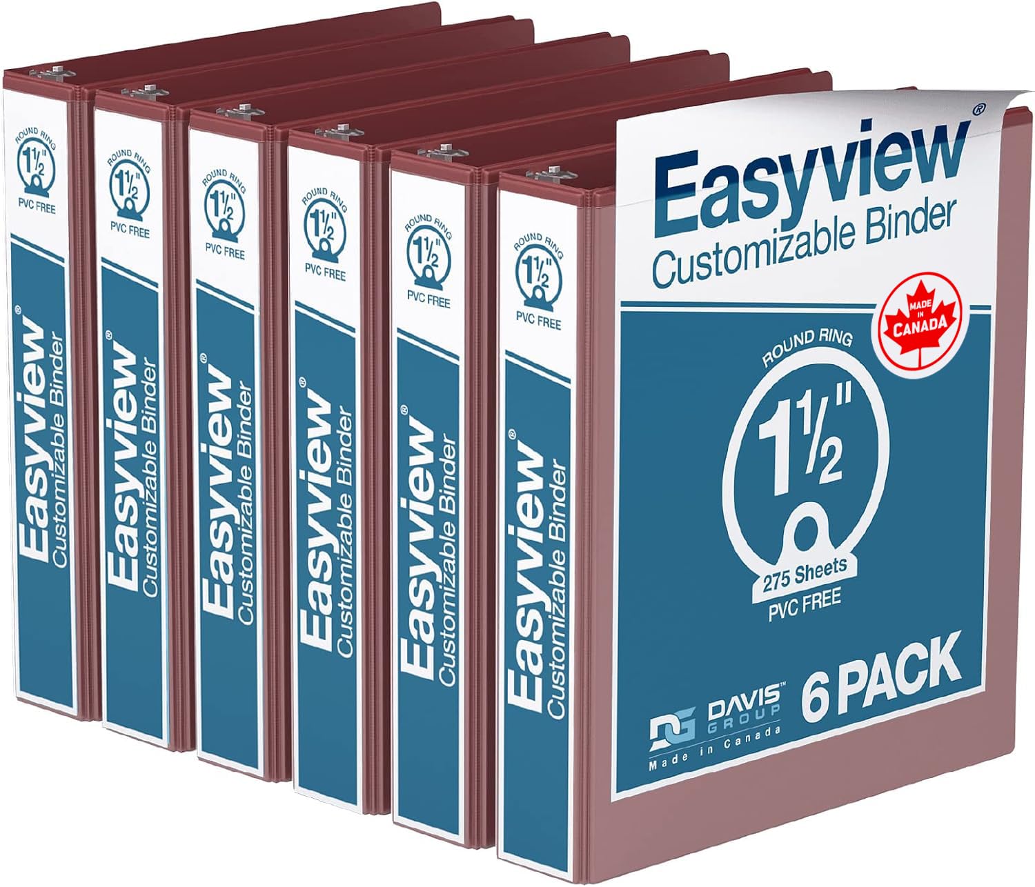Easyview Premium 3-Ring Binders with Clear-View Covers and Round Rings, Binders for School or Office, 1.5 Inch, Pack of 6, Burgundy