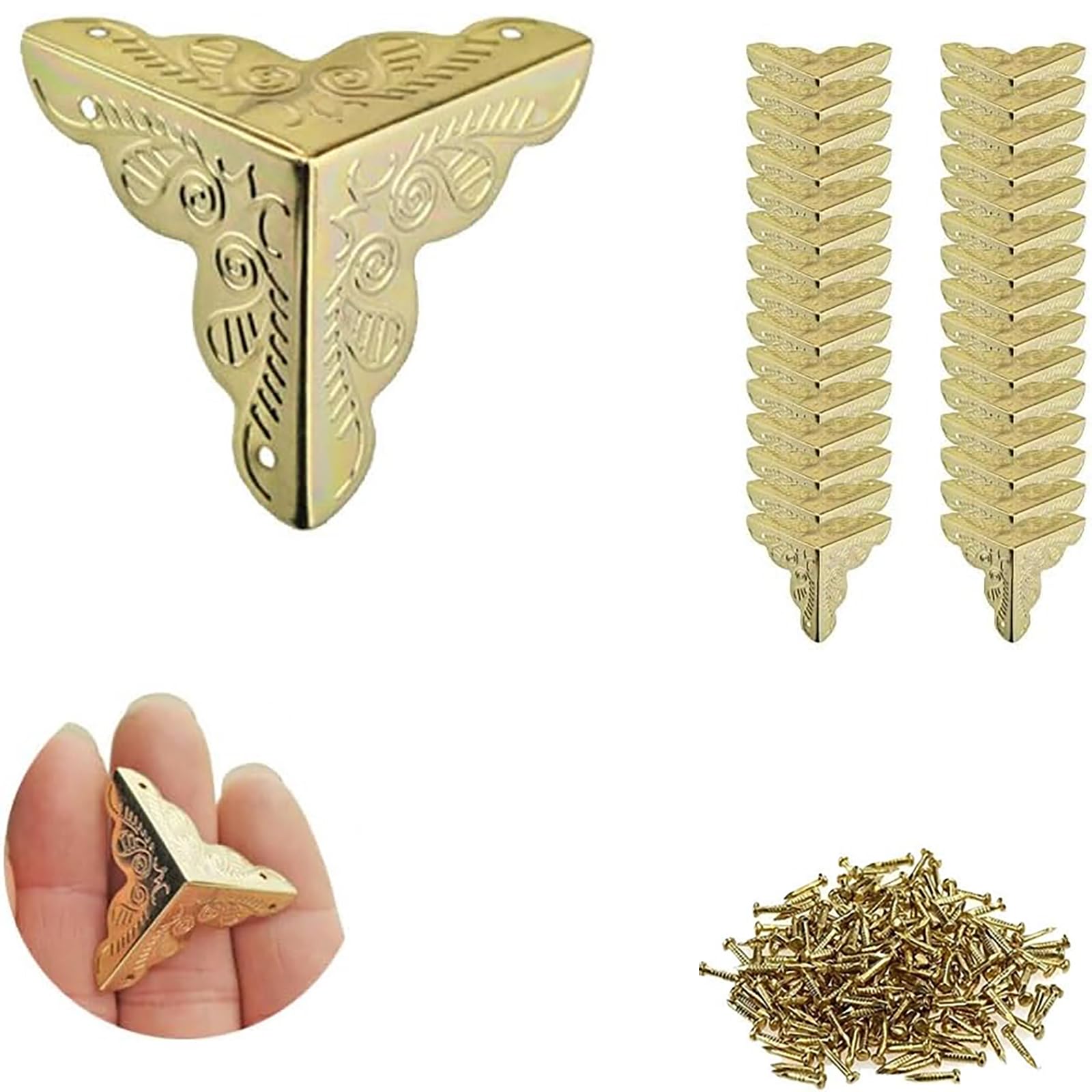 50PCS Dust Catchers for Stairs, Edge Corner Cover with Screws, Table Corner Protectors, Antique Stairs Dust Corners Decorative, for Tables, Walls & Baseboards (Gold, 1.38in)