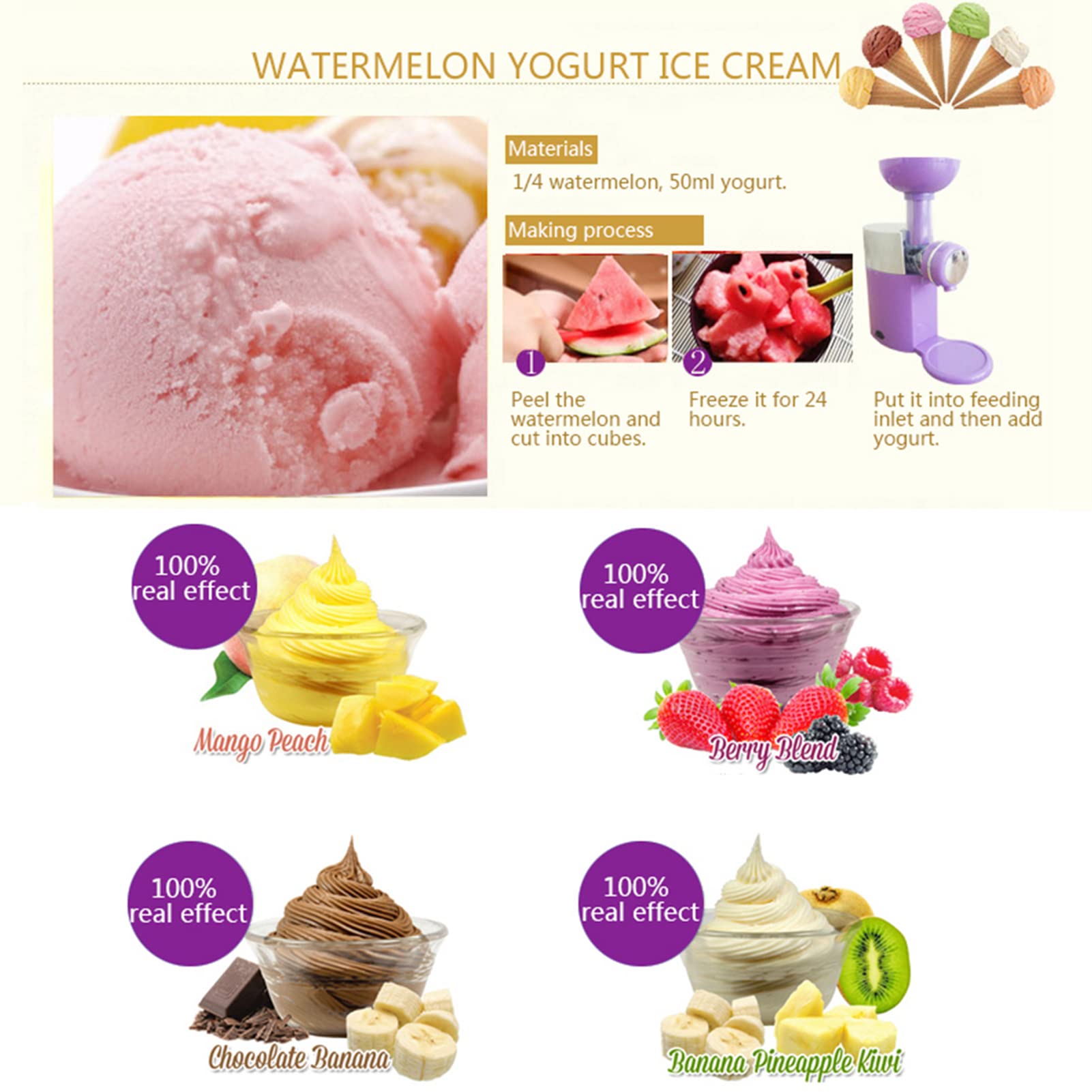 Heladera Para Fruta Congelada, Máquina Para Hacer Helados, DIY Sorbete Suave, Batido, Yogur Helado, Sin BPA, Sin Aditivos Ni Colorantes Artificiales, Para El Hogar, Fiestas Y Niños (Negro)