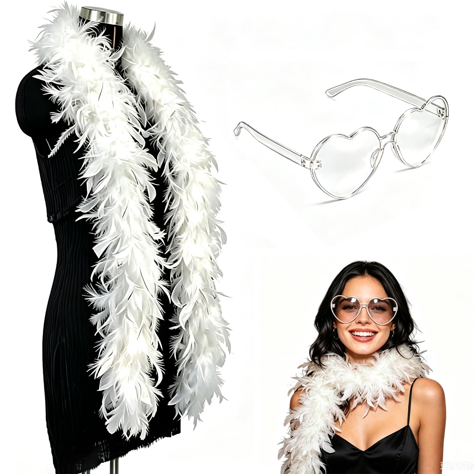 2-Piece White Feather Boa and Heart Sunglasses for Party Cosplay Halloween