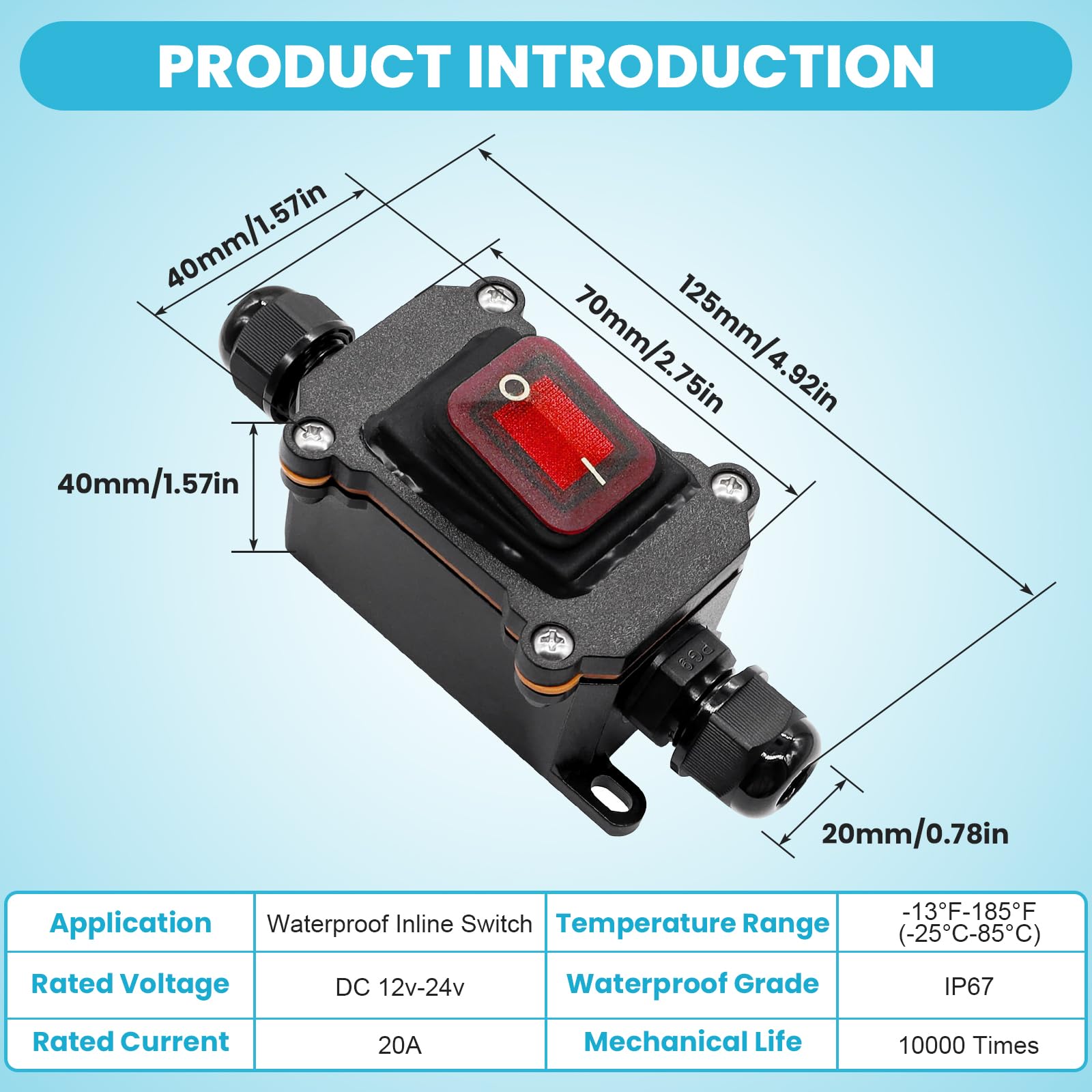 Interrupteur Étanche IP67 FAELNK à Bascule Rouge 12V 20A DPST 4 Broches Avec LED - Pour Appareils Mécaniques Et Extérieur