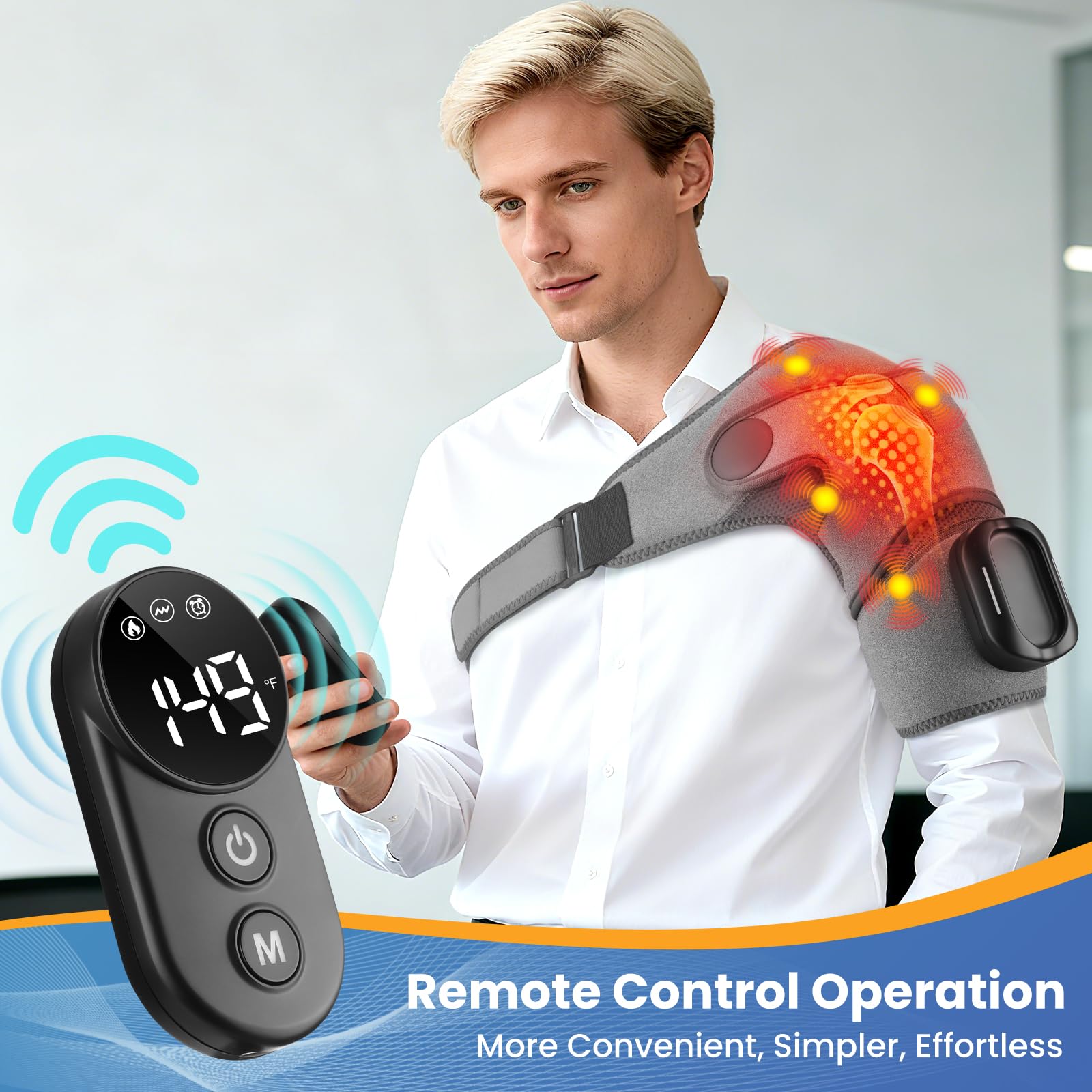 Hewelth Triple Method Schulter-Massagegerät, 5 einstellbare Wärme- & Vibrationsmodi, 5000mAh Dreifach-Methode Schultermassagegerät mit Fernbedienung, 3-Gang-Timer, ideal für Zuhause, Büro (Grau)