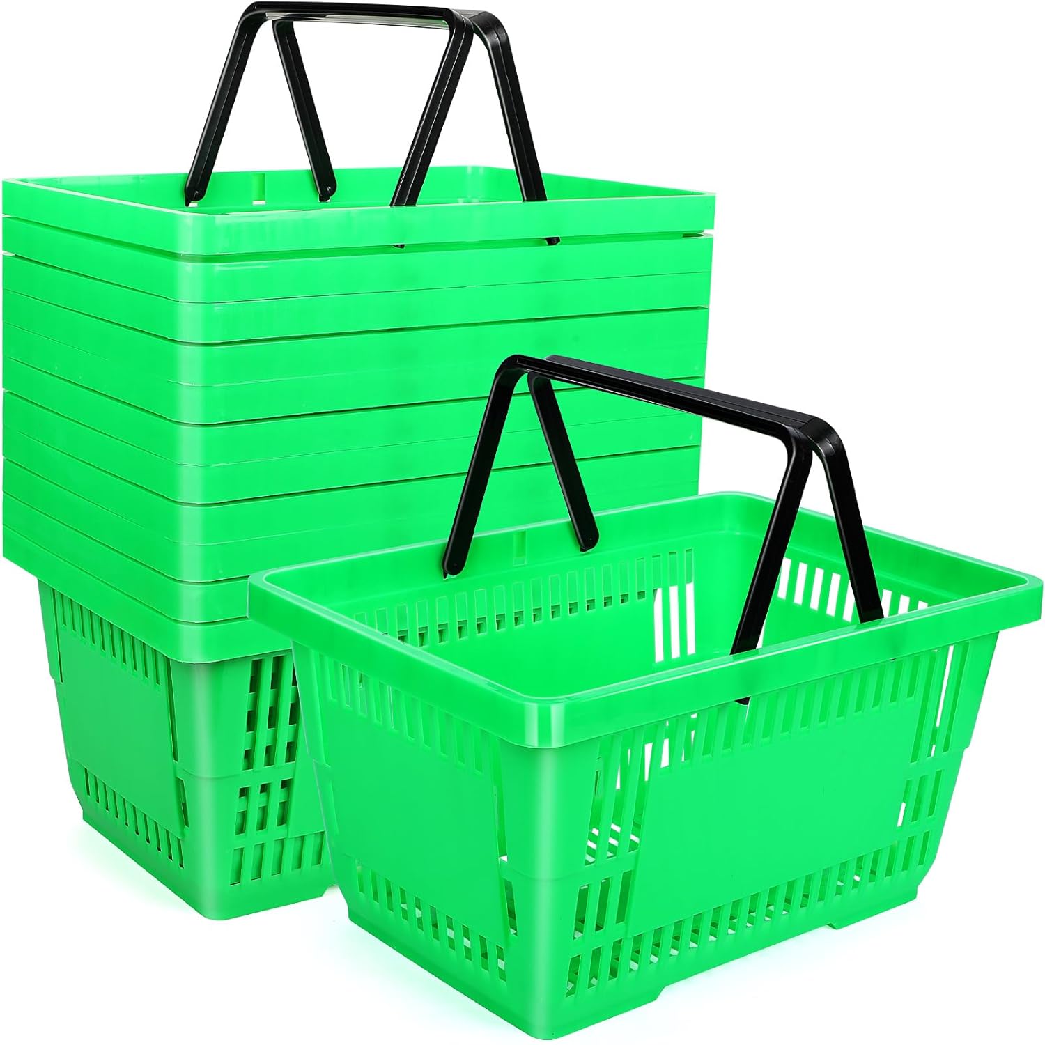 12 Pcs Shopping Baskets 20 L Plastic Store Retail Baskets with Handles 16.9 * 11.8 * 9.1 Inches for Market Grocery Supplies Thrift Convenience Storage(Green)