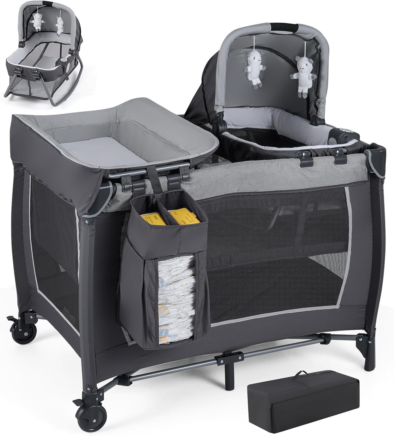 RELAX4LIFE 5 en 1 Cuna Bebé con Moisés, Cambiador, Colchón, Juguetes Colgantes, Bolsa de Transporte, y Ruedas con Frenos, Cuna de Viaje Portátil y Plegable para Bebé 0-36 Meses (Gris)