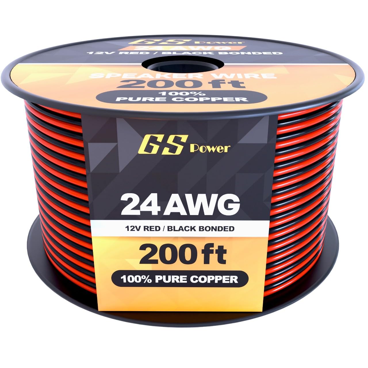 GS Power 24 Gauge Wire 200ft Oxygen Free, OFC Pure Copper Electrical 12v Low Voltage Speaker Wire Spool, 24AWG for Electric, Automotive, Trailer, Stereo, RC, Car, Home Theater, LED, Lamp Wiring