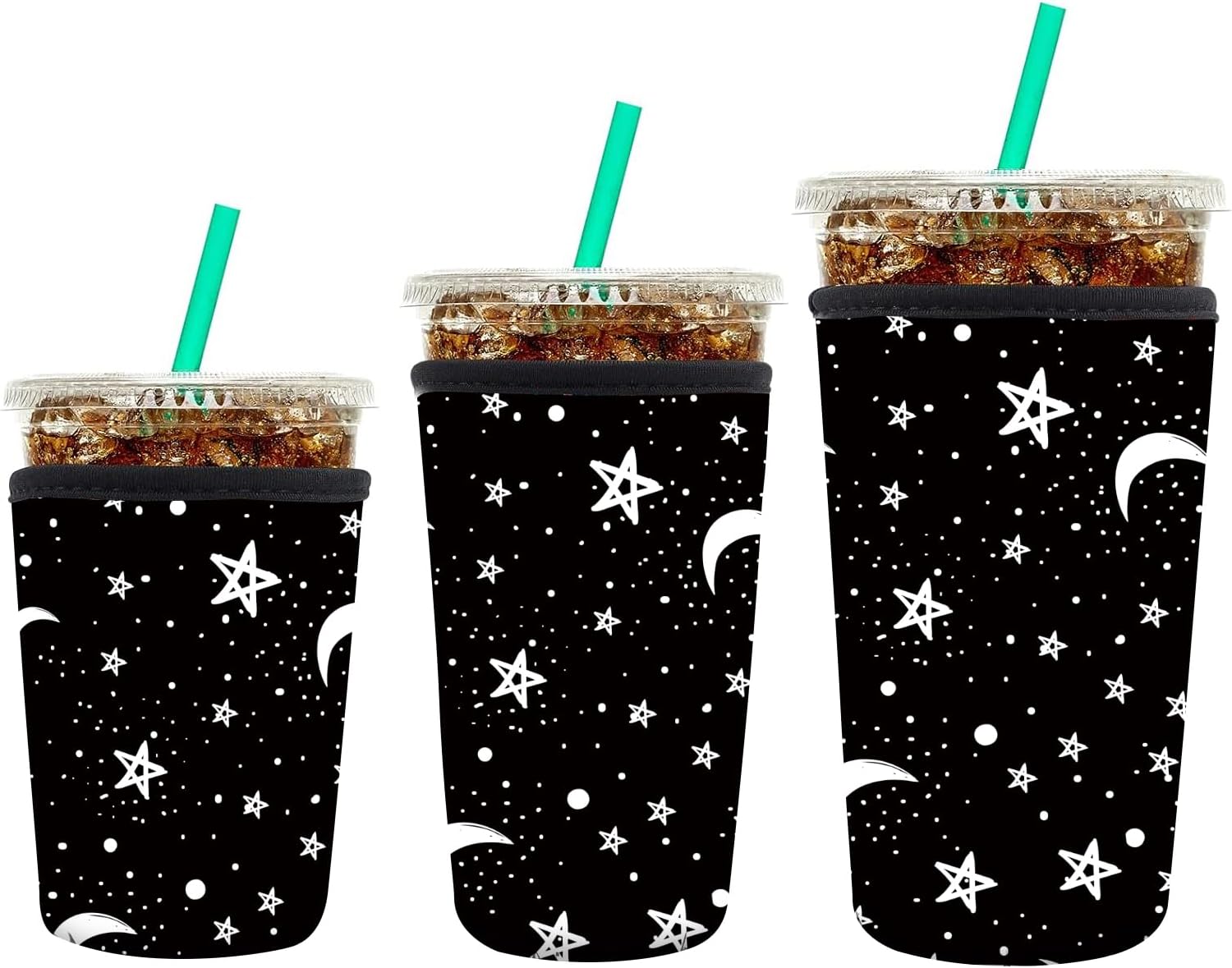 3 Pack Reusable Neoprene Insulator Sleeve for Iced Coffee Cups, Funny Coffee Cup Sleeves for 16-32oz Coffee cups, Cute Drink Sleeve for Cold Hot Beverages Cute Moon Star