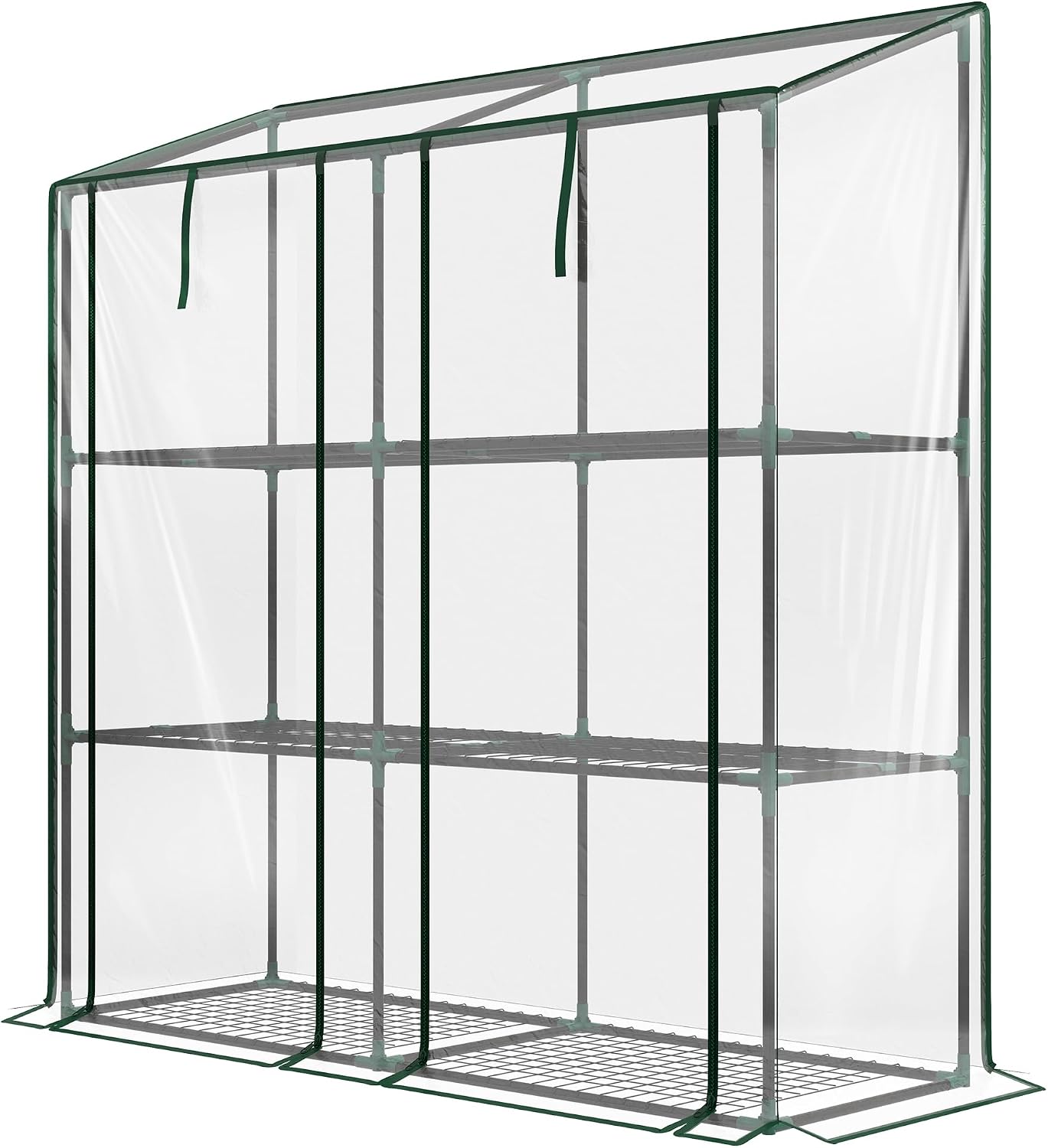 Lean-to Greenhouse, Portable Mini Greenhouse with 3-Tier Wire Shelves, 2 Roll-Up Zippered Doors, UV-Resistant PE Cover, Outdoor Plant House, 56.3" x 18.1" x 59.4", Clear