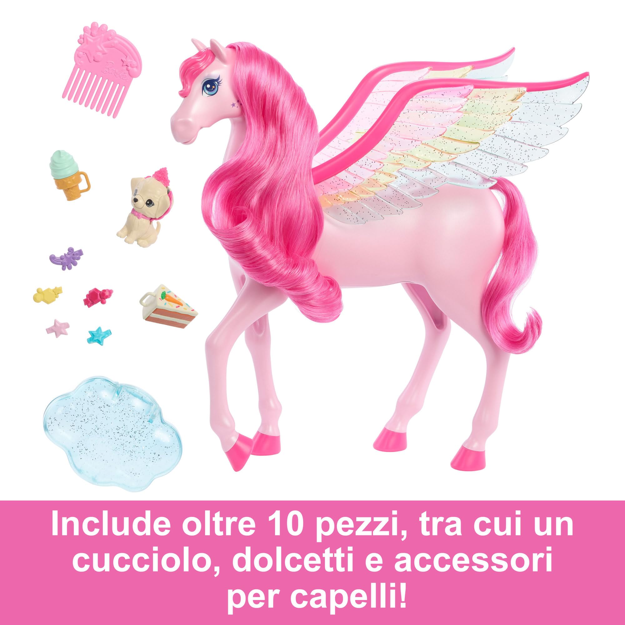 Barbie Un Tocco di Magia - Pegaso Rosa, pegaso magico cavallo alato con un cagnolino e 10+ accessori inclusi, criniera e coda rosa e ali arcobaleno, giocattolo per bambini, 3+ anni, HLC41