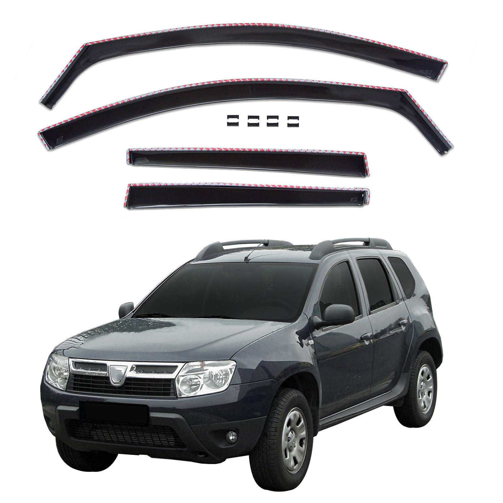 J&J AUTOMOTIVE GP Deflettori d'Aria per Dacia Duster 2010-2017, Set da 4 Pezzi, Antiturbo Antivento Antipioggia, Anteriore Nero Fumé Oscurato