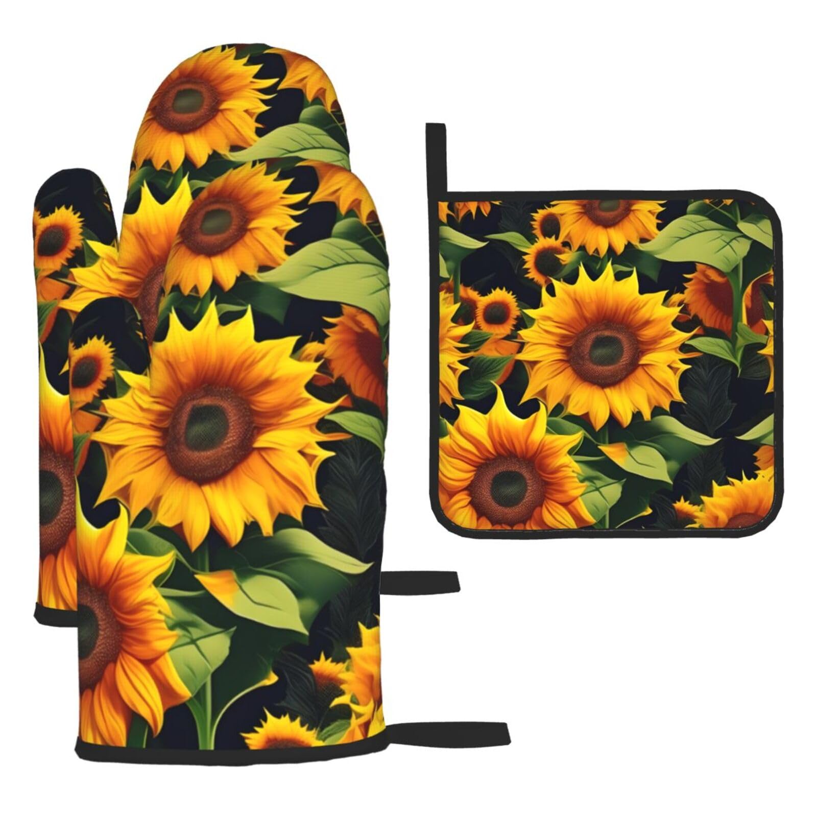 Beautiful Sunflower Print Oven Mitts Kitchen Gloves Set Everyday Baking Grilling Microwaving Cooking Gift